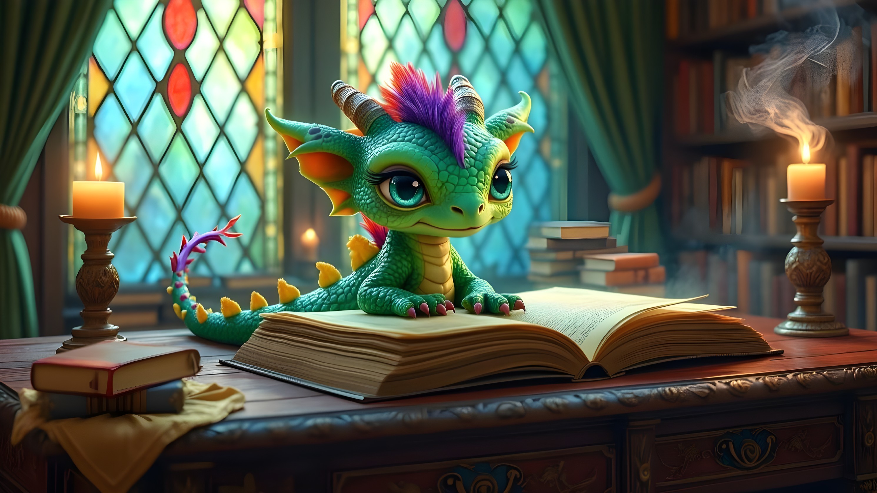 Small Dragon in Cozy Library with Stained Glass Windows