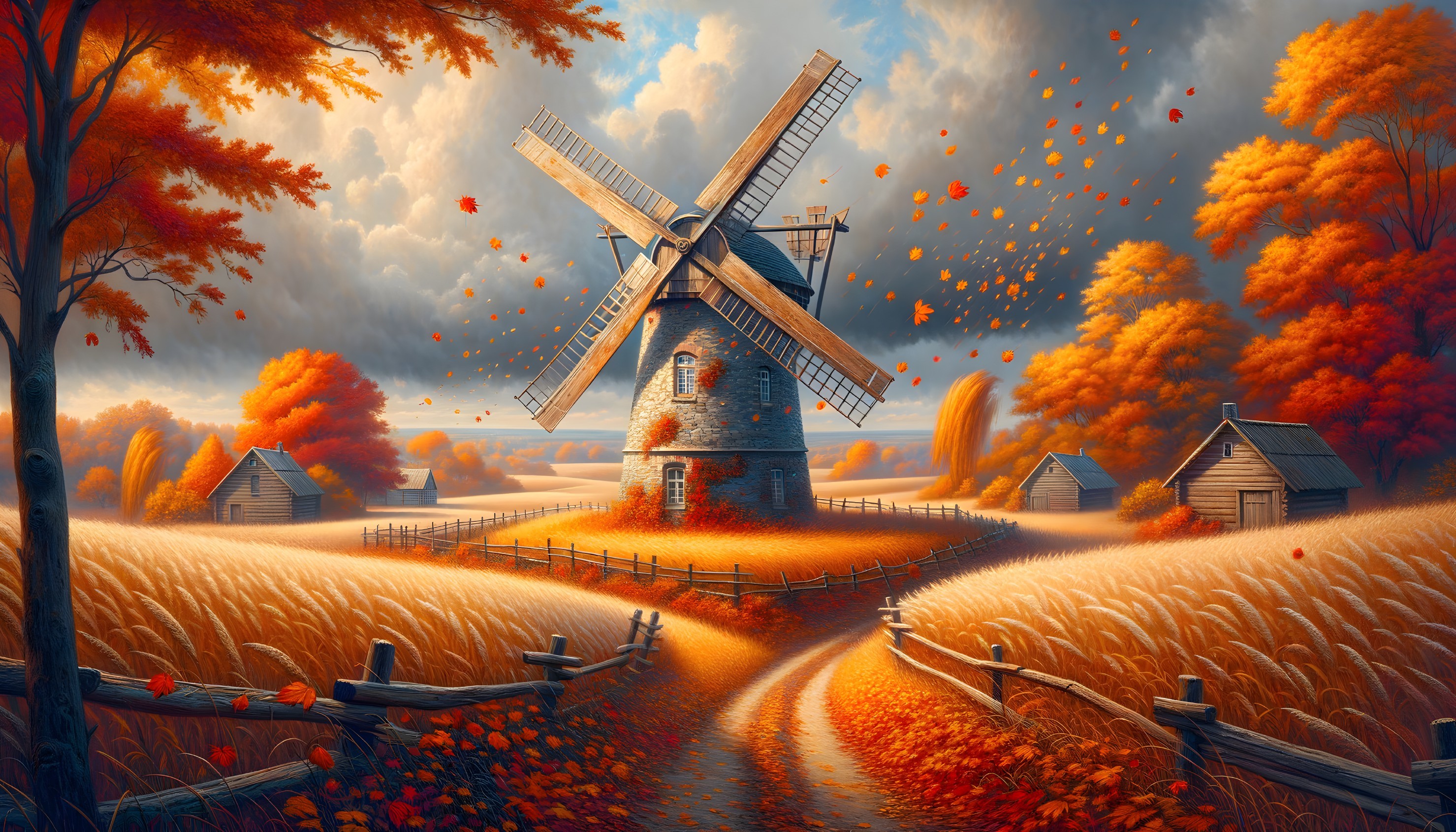 Autumn Landscape with Windmill and Vibrant Foliage