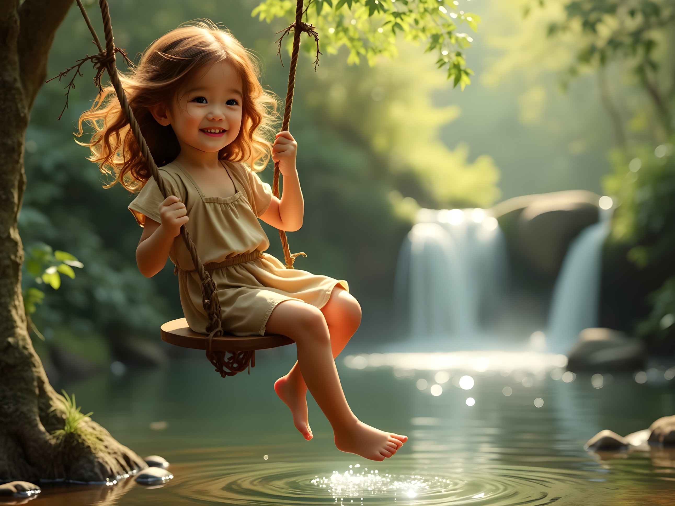 Young girl swinging in a serene forest setting