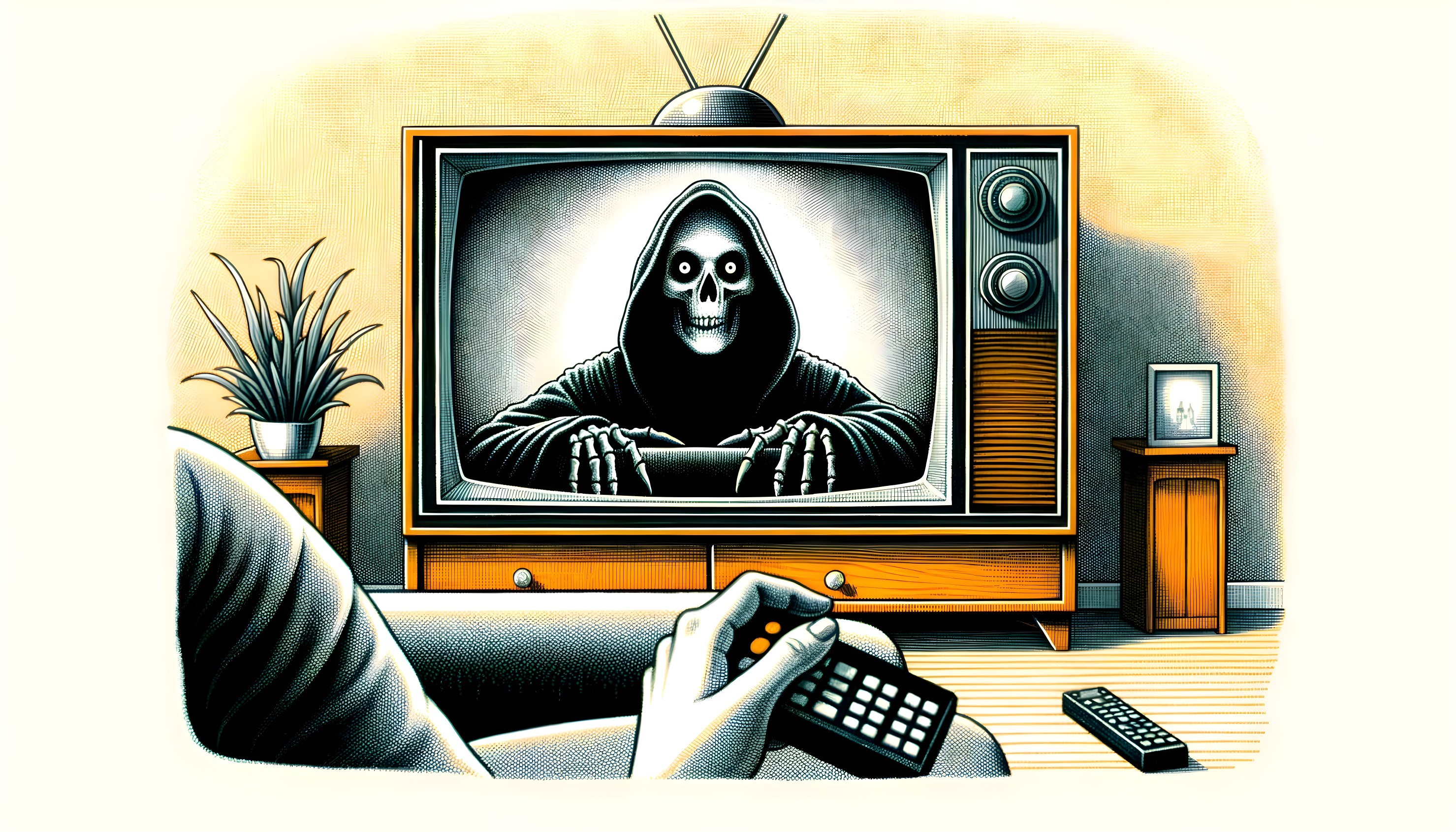 Person on Couch Watching Vintage TV with Skull Figure