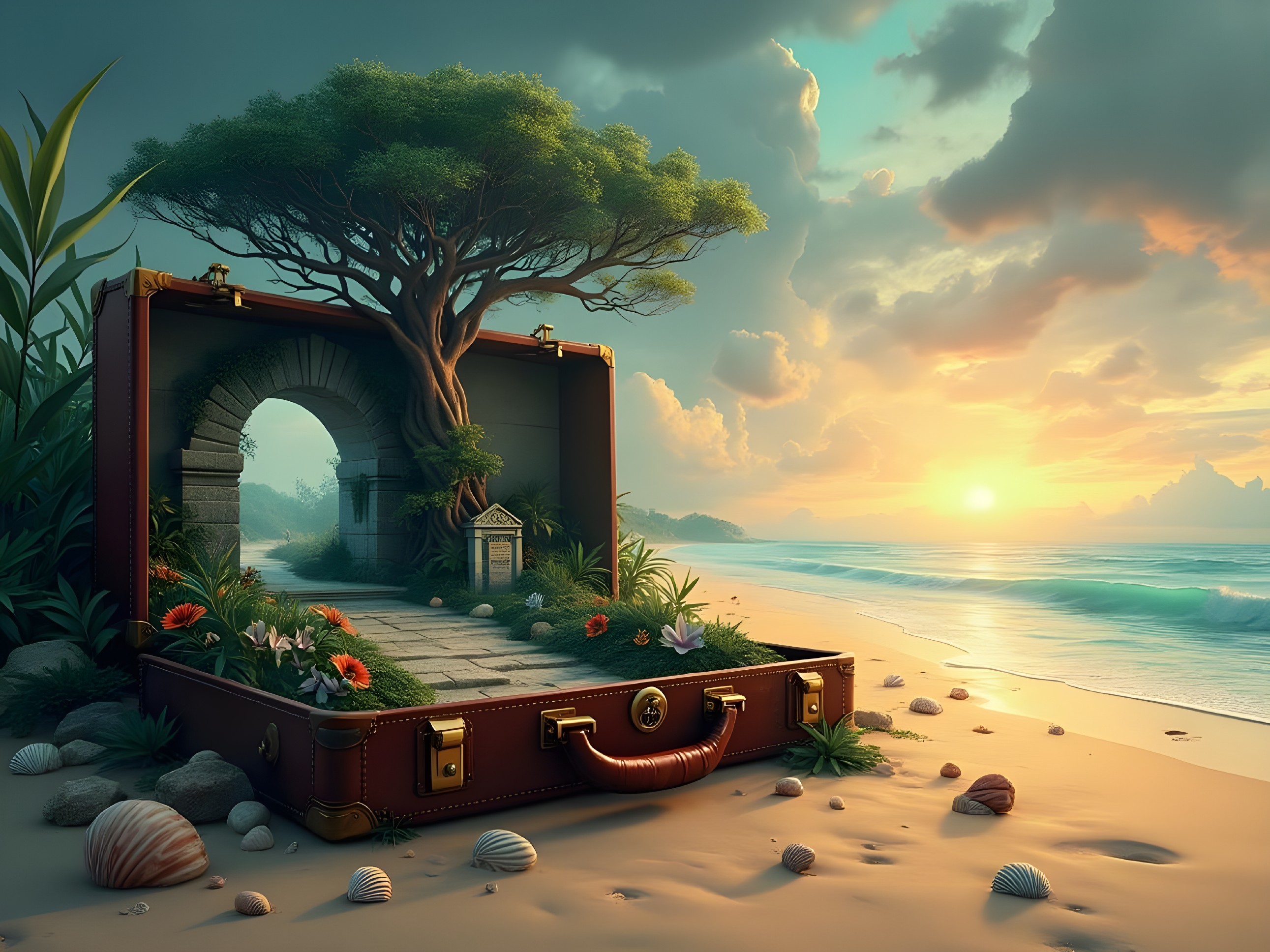 Open Suitcase on Beach with Lush Landscape Inside