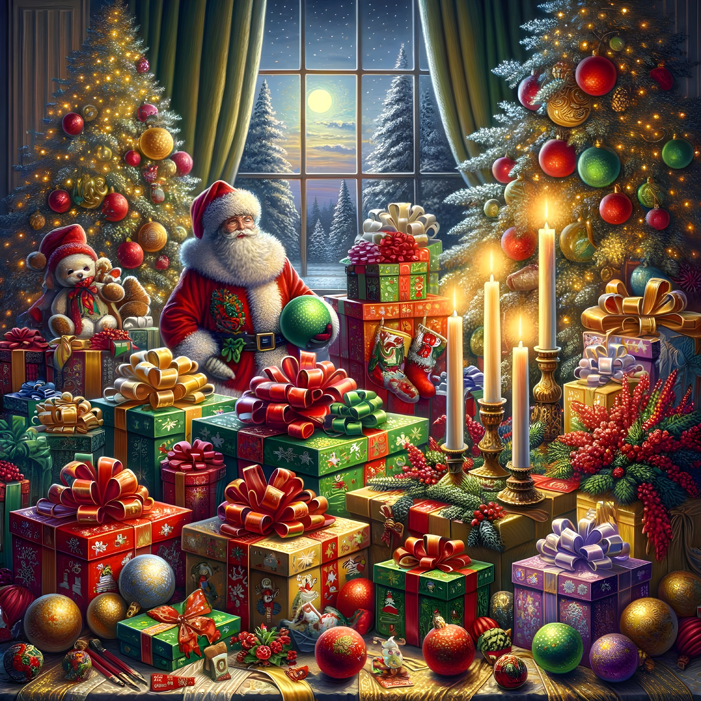 Santa Claus in a cozy room with colorful gifts and trees