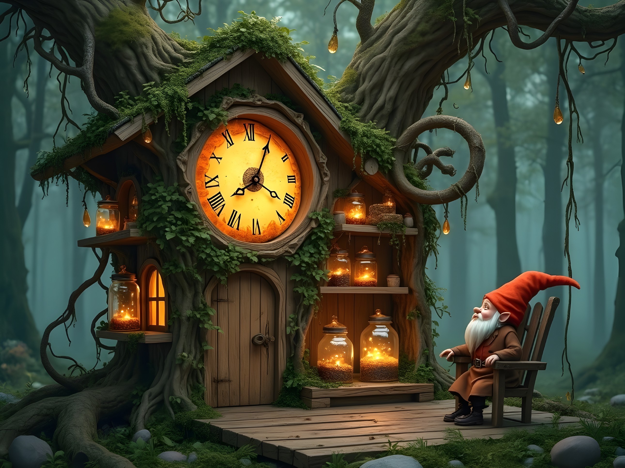 Whimsical Gnome by Enchanted Treehouse in Forest