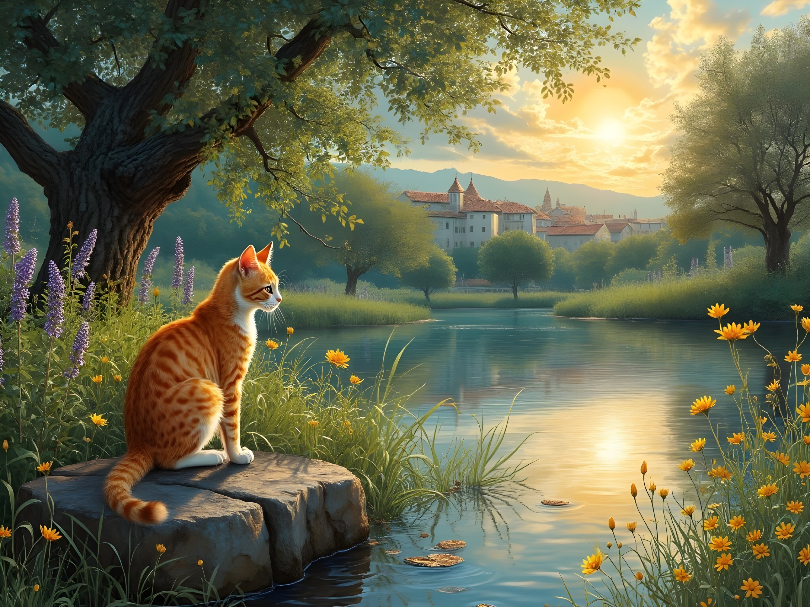 Tranquil River Sunset with Cat and Scenic Town View