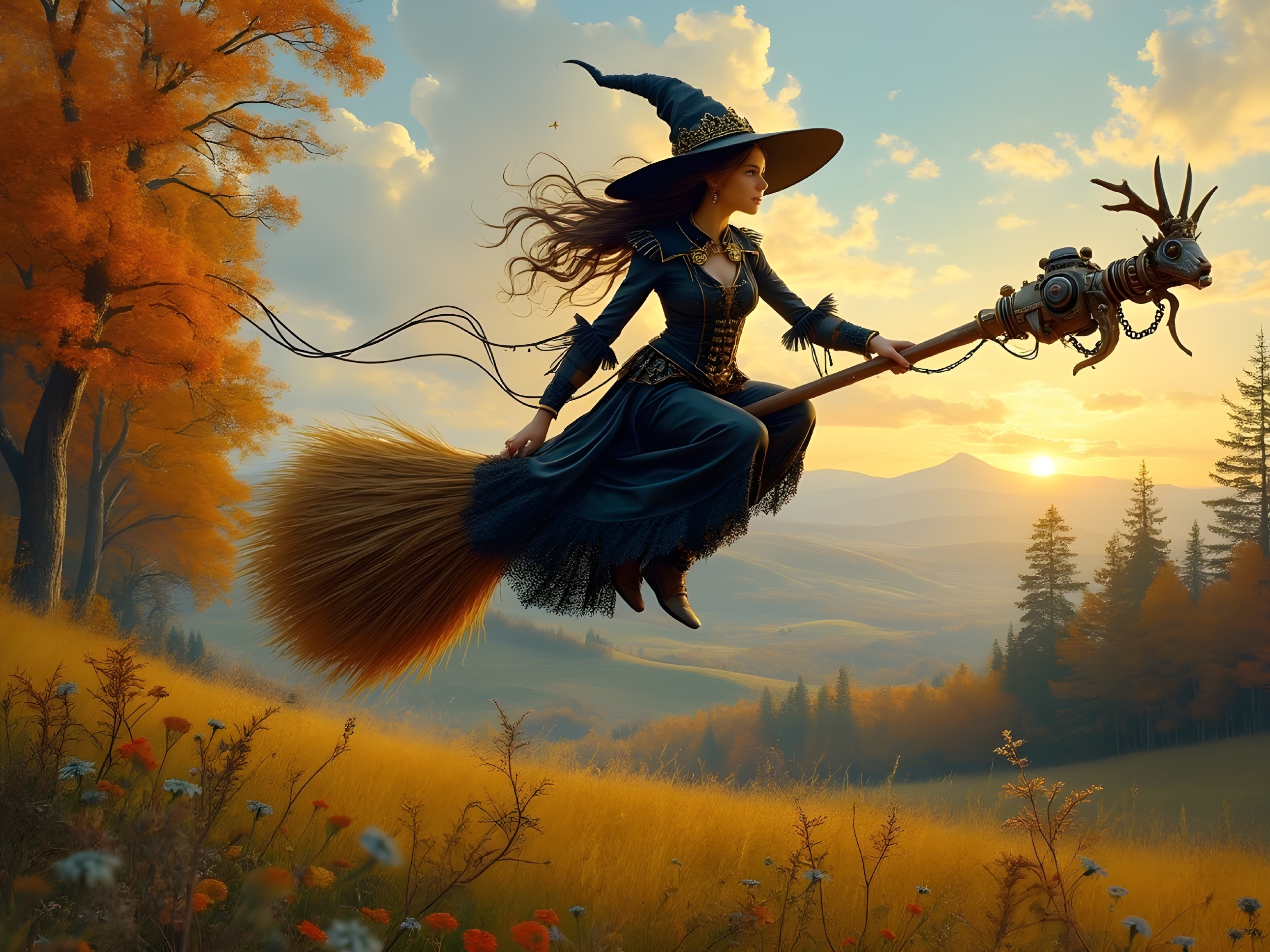 Whimsical Witch Flying Over Autumn Landscape