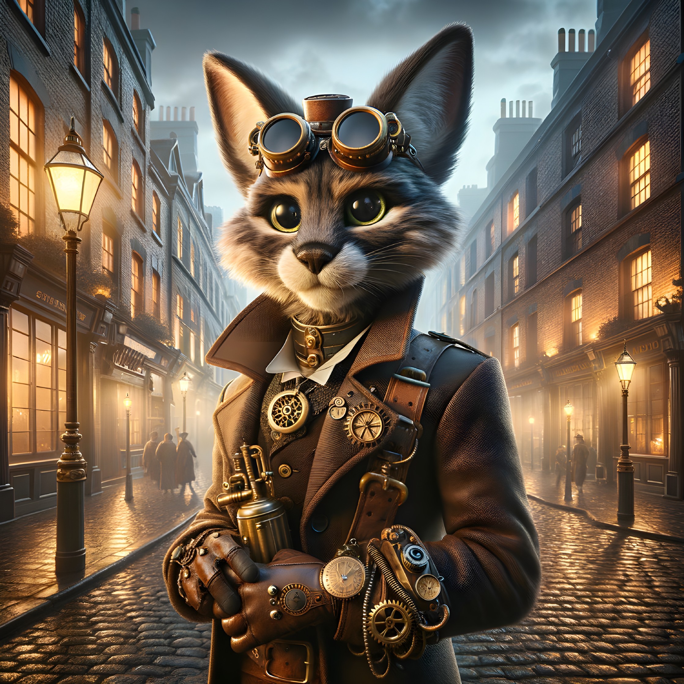 Steampunk Feline Figure in Foggy Cobblestone Alley