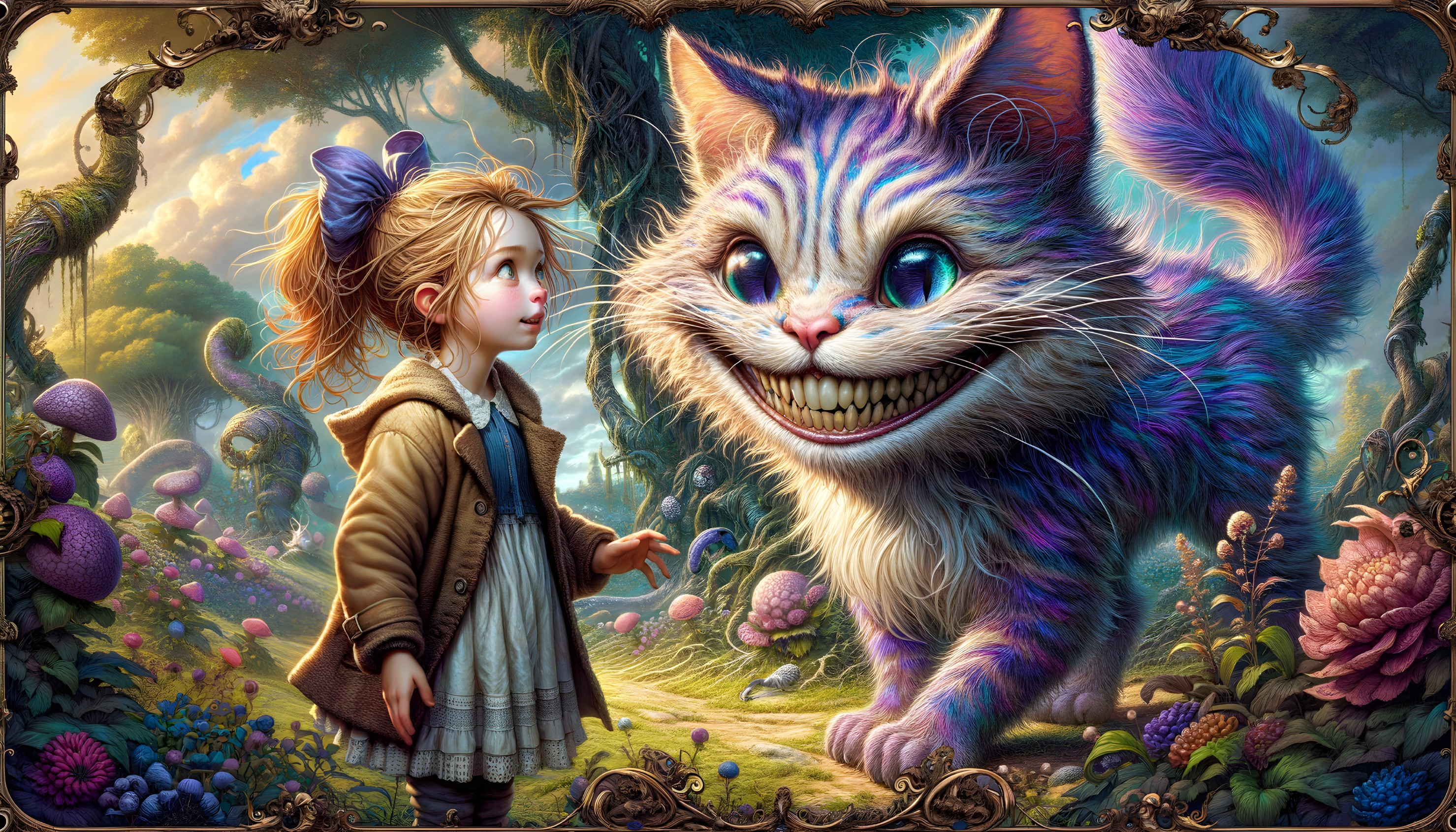 Girl with Grinning Cheshire Cat in Vibrant Forest Setting