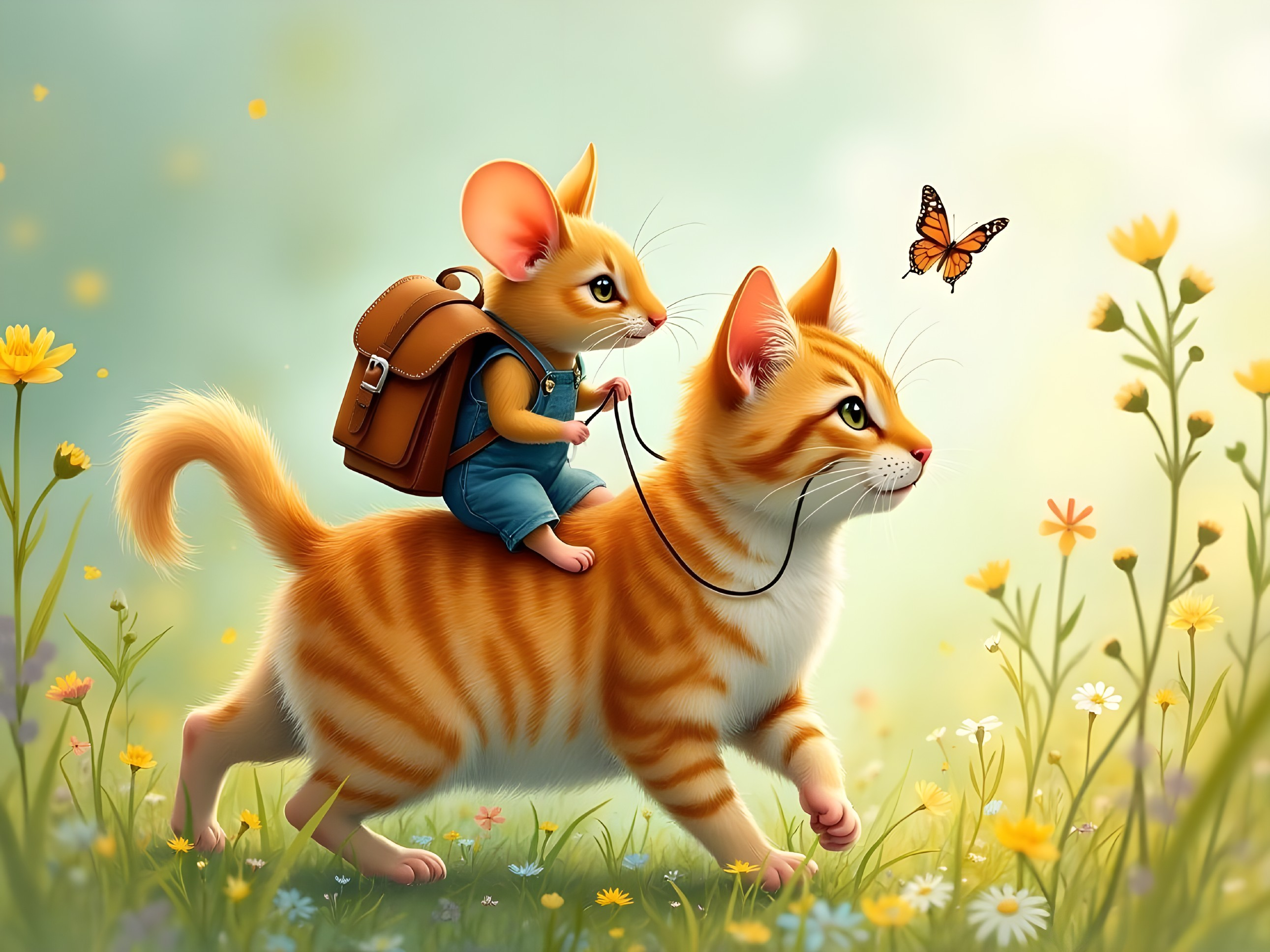 Mouse on Cat in Flower Meadow with Butterfly
