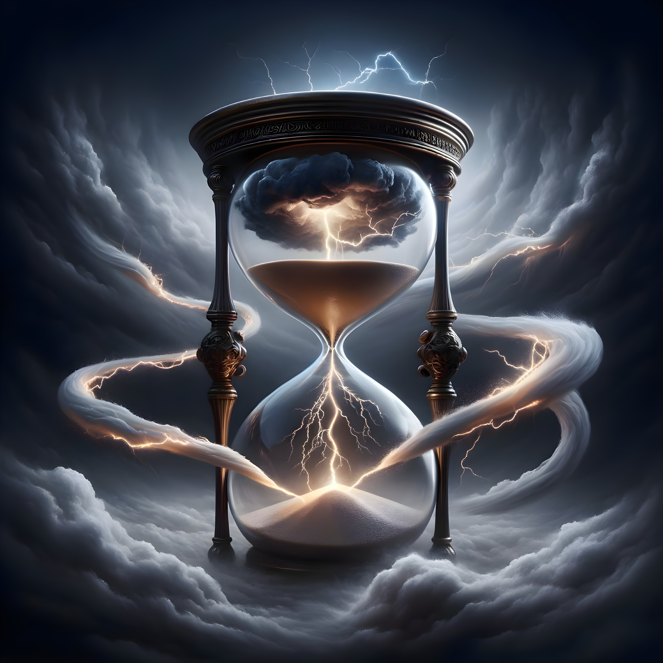 Hourglass in swirling clouds with lightning bolts, symbolizing passage of time.