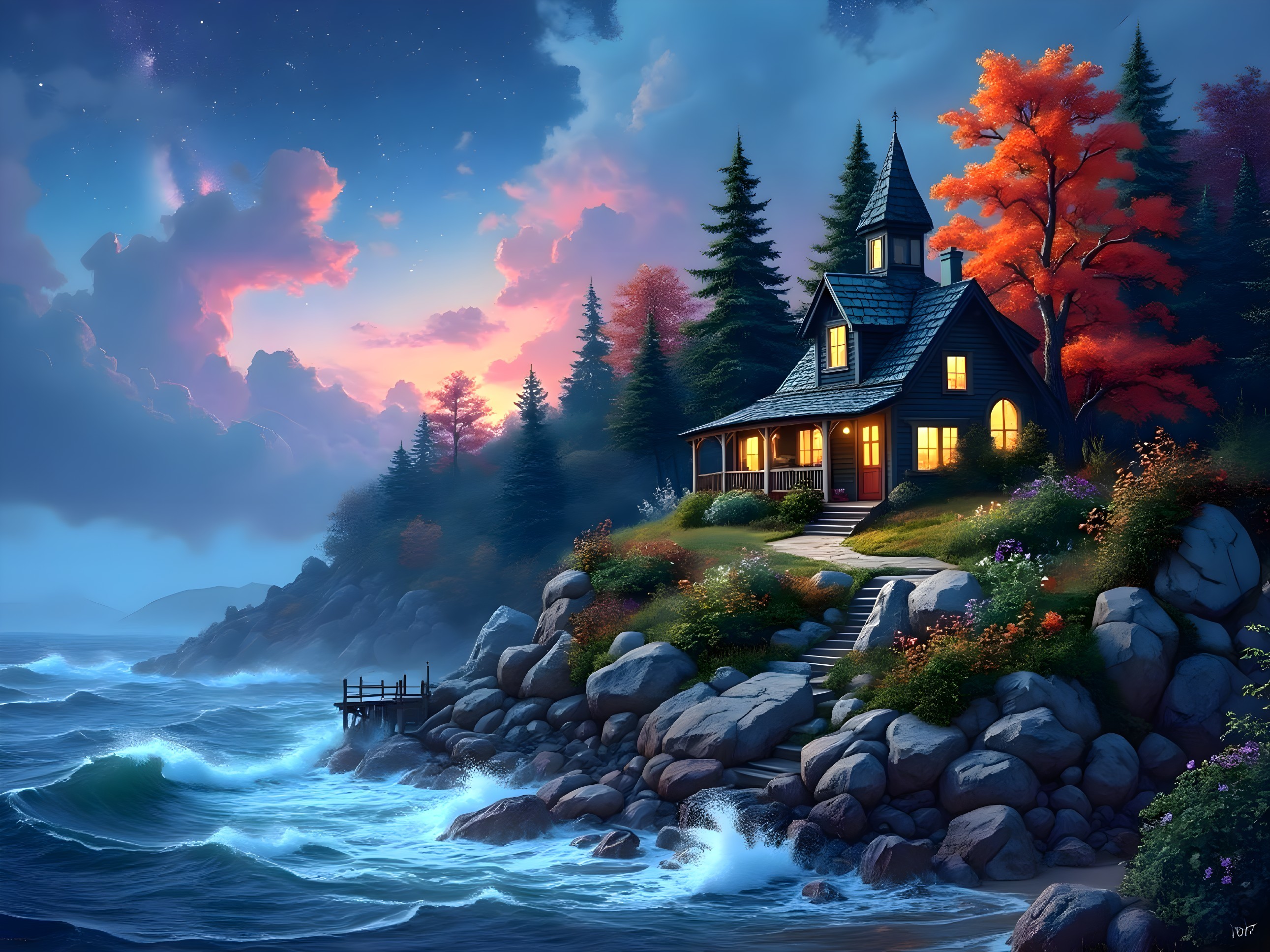Coastal Scene with Wooden House and Autumn Colors