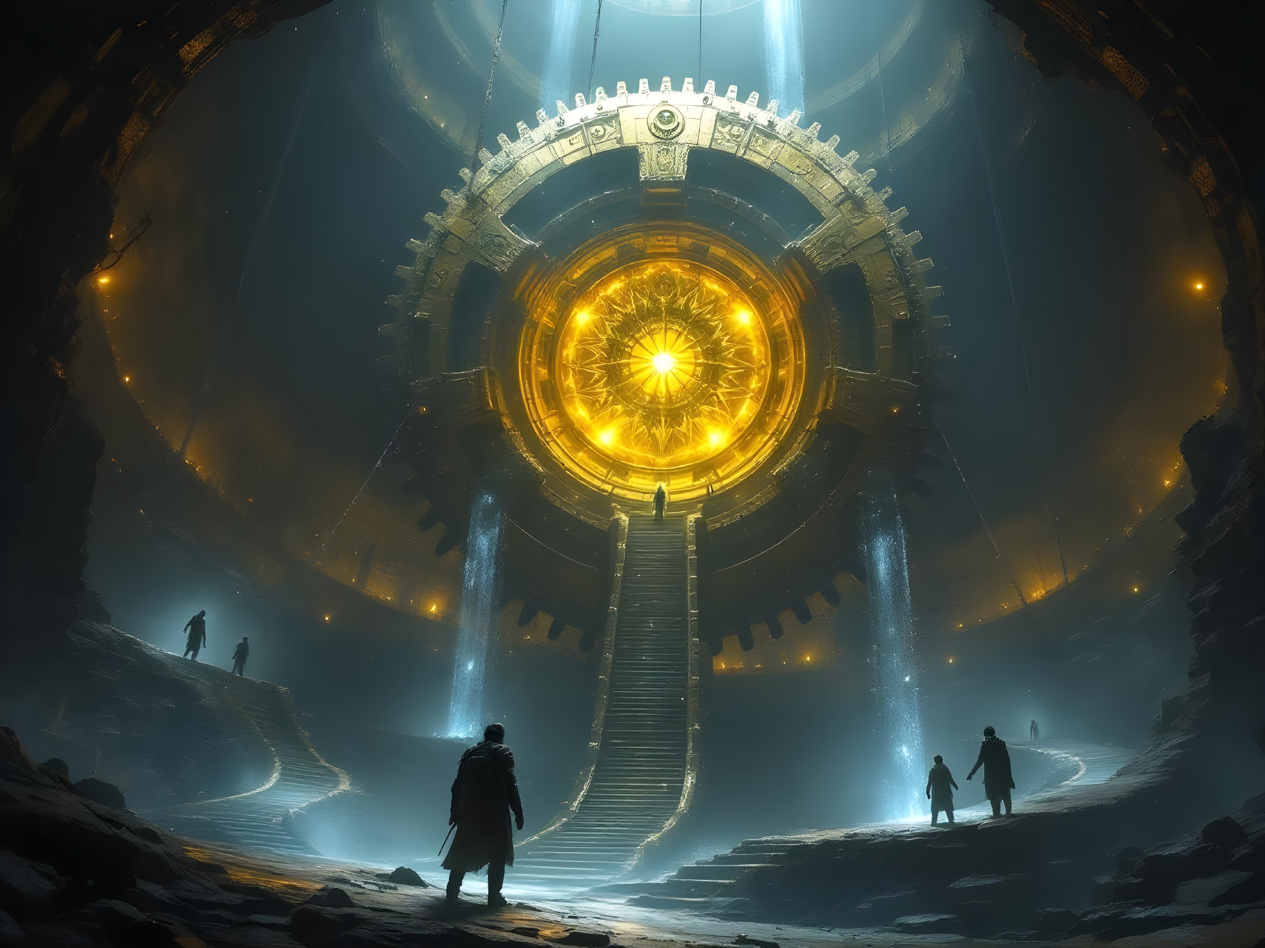 Dimly Lit Chamber with Glowing Gear and Waterfalls