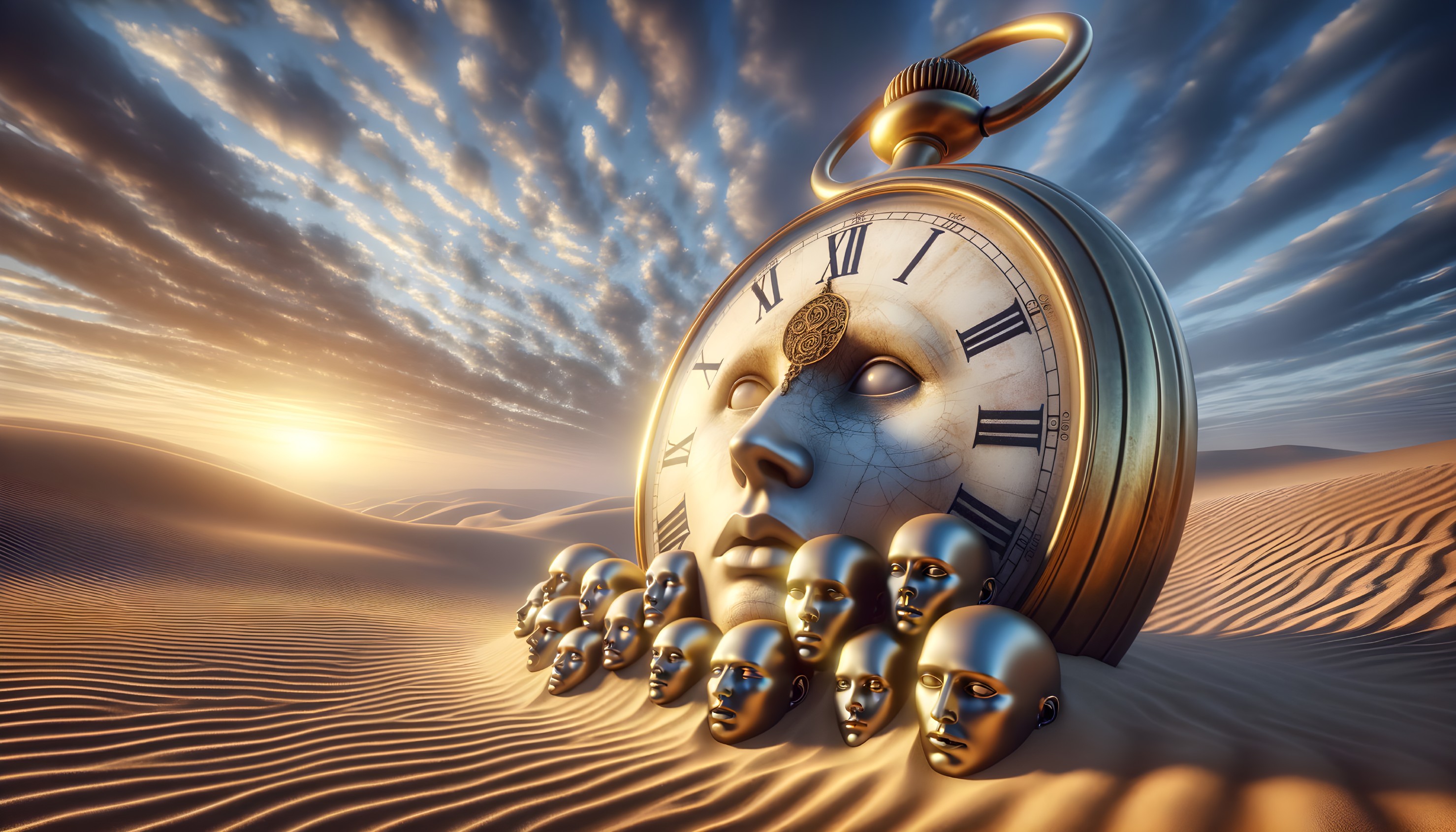 Surreal Illustration of Pocket Watch with Human Faces