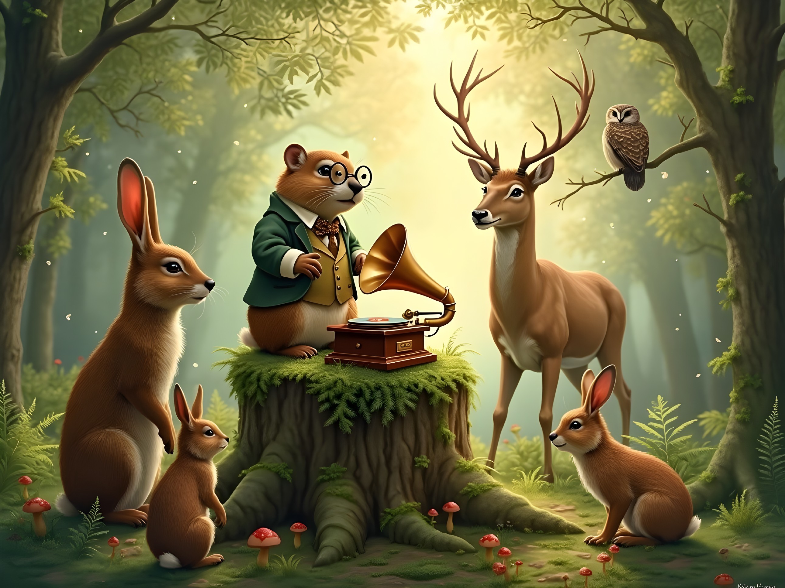 Whimsical Forest Scene with Groundhog and Animals