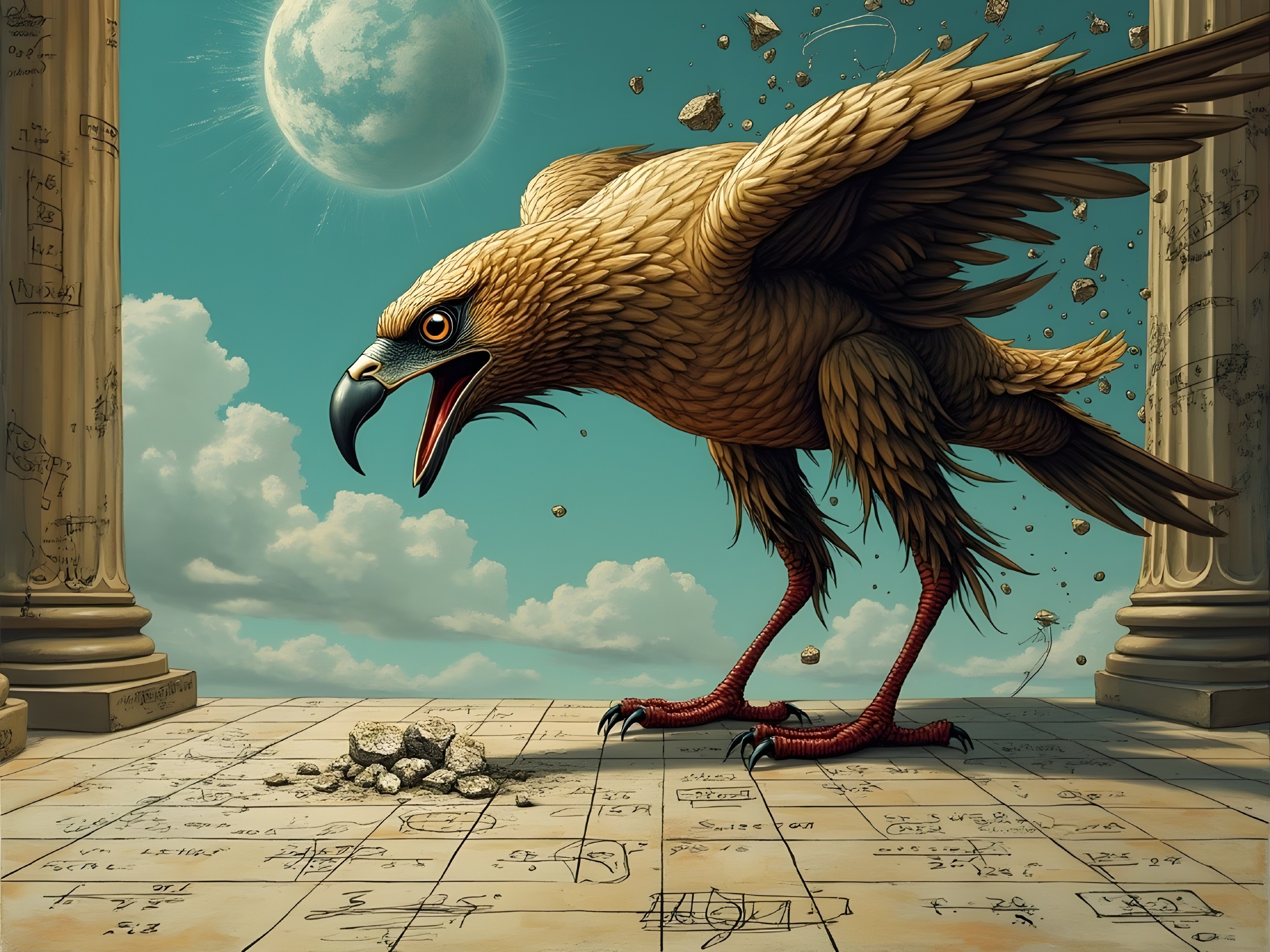 Golden eagle on stone platform under glowing moon