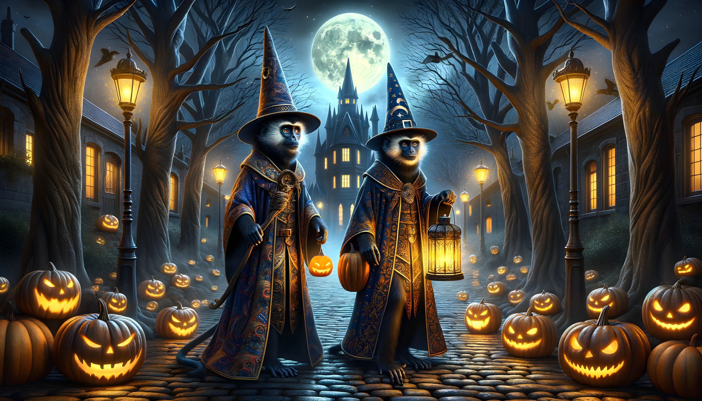Whimsical Animal Wizards on a Moonlit Halloween Street