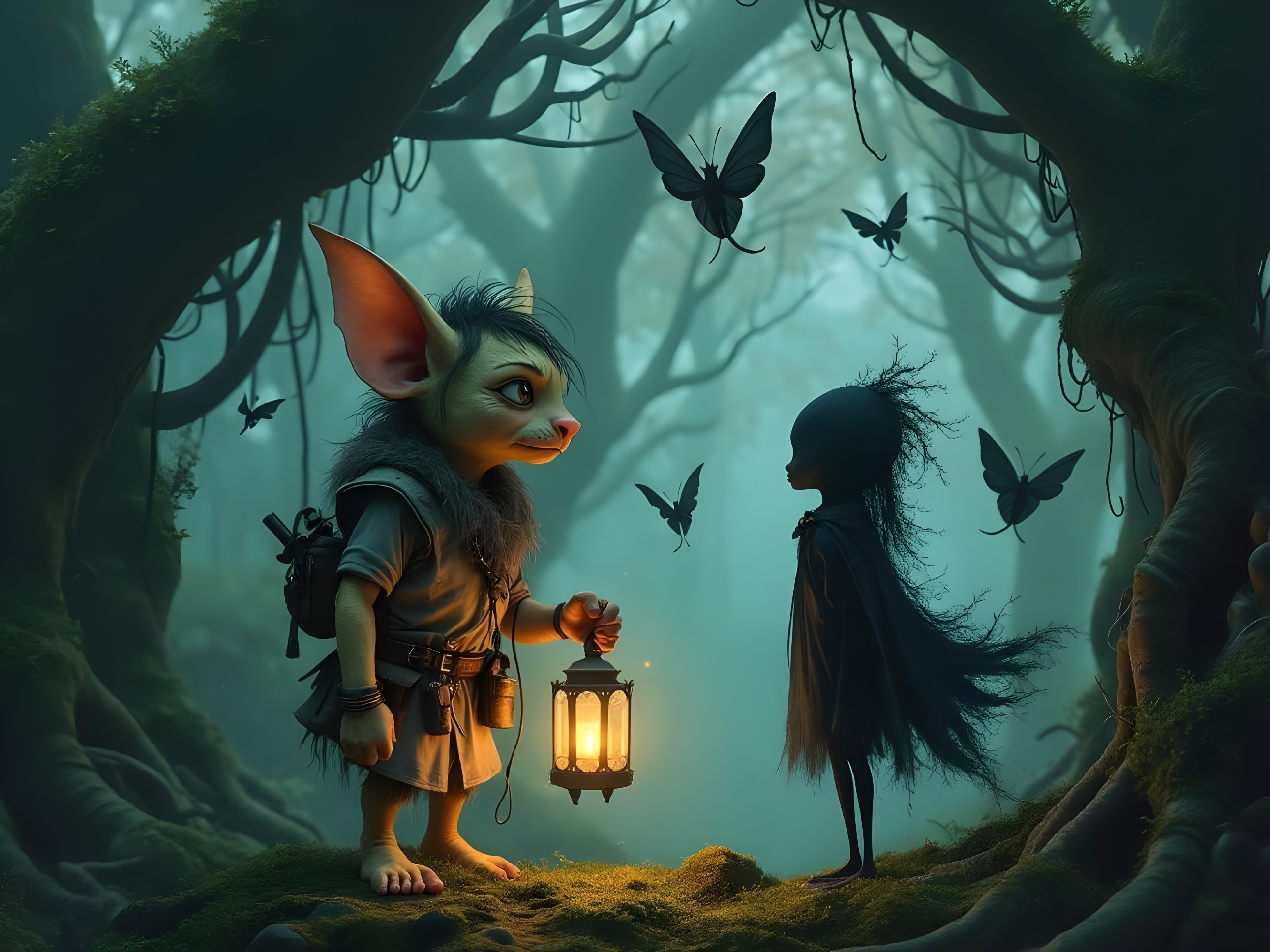 Mystical forest scene with creatures and butterflies