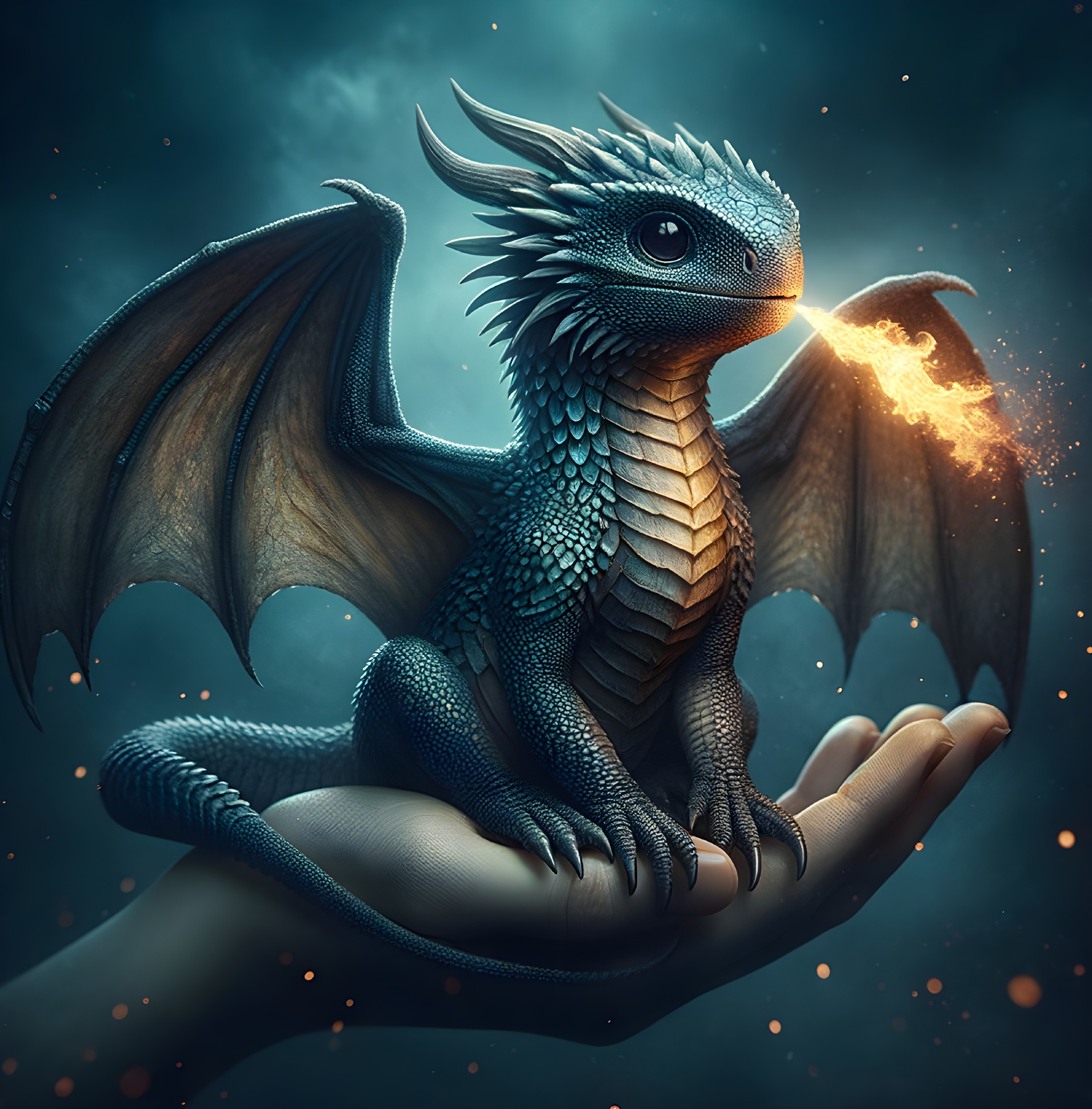 Blue Dragon on Human Hand in Mystical Fantasy Scene