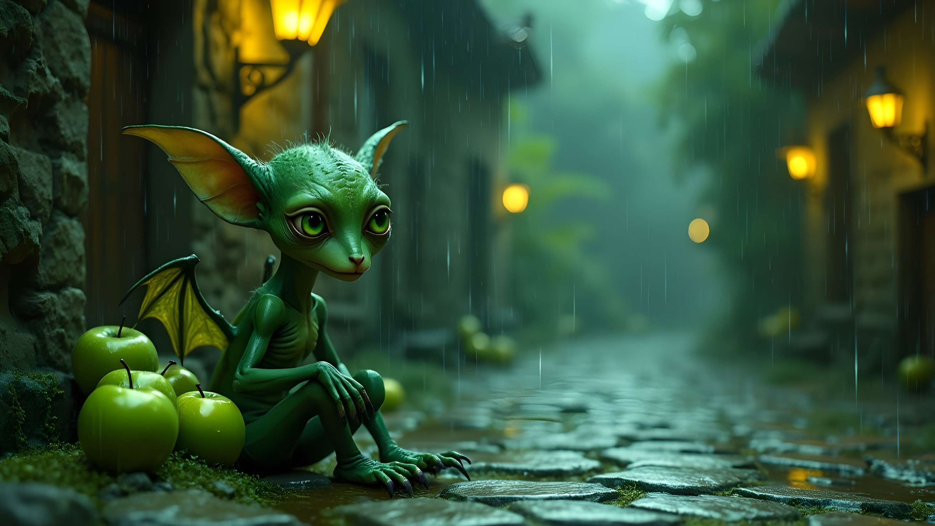 Misty Village Scene with Green Creature and Lanterns