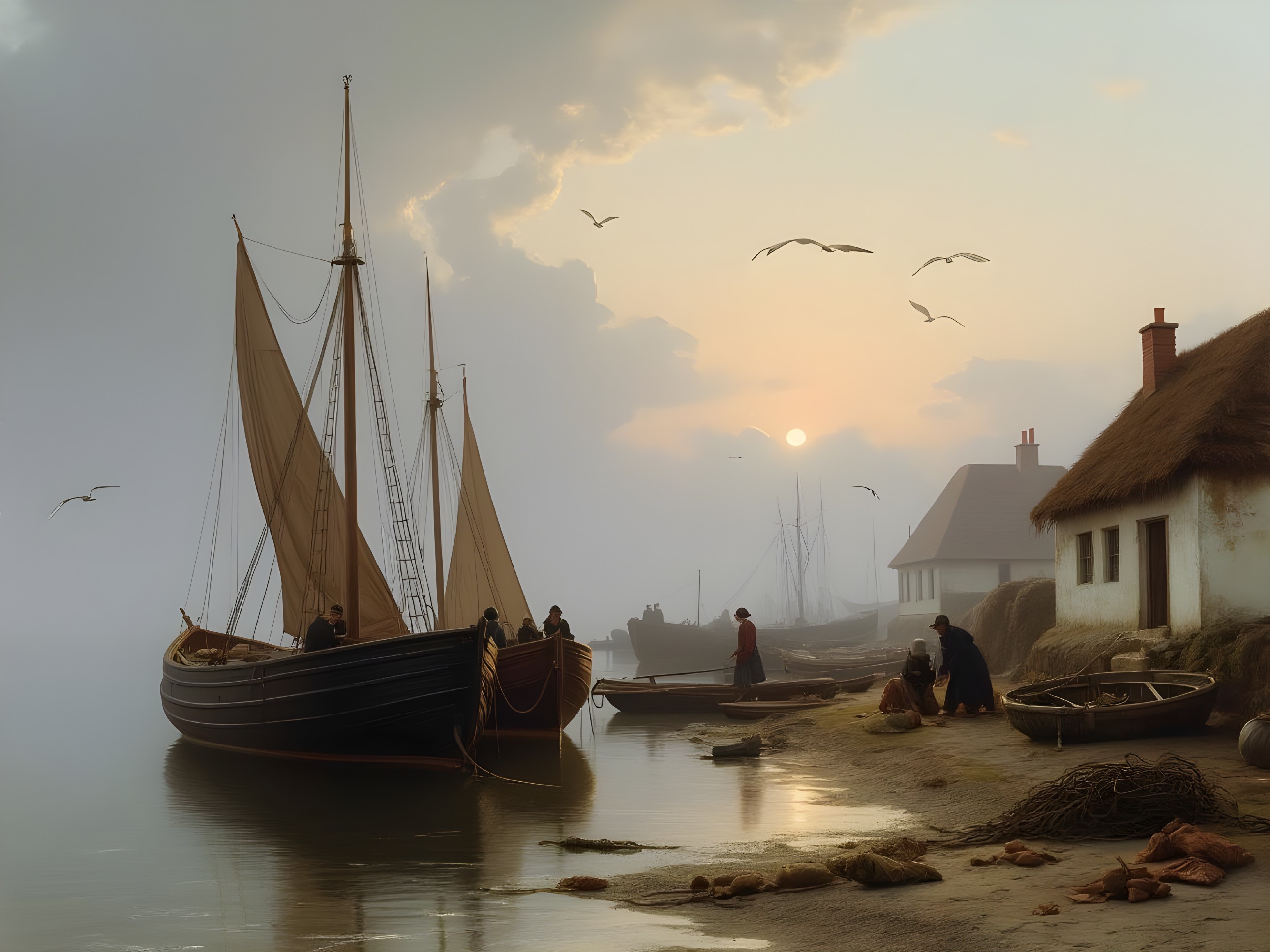 Tranquil Dawn Seaside Scene with Fishing Boats and Cottages
