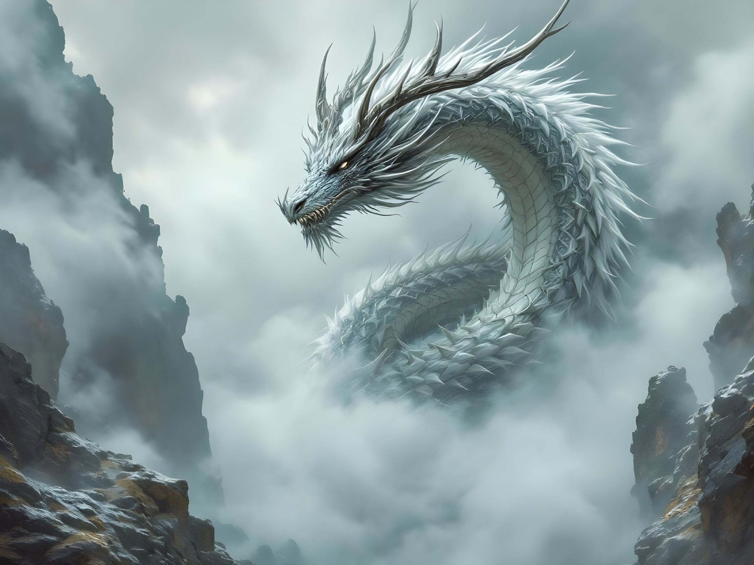 Majestic white dragon among clouds and rocky cliffs