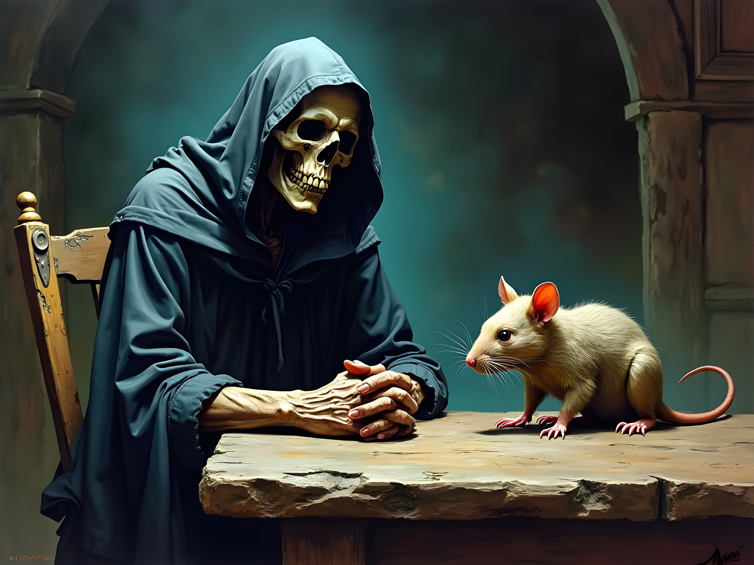 Skeletal Figure in Hooded Robe Observing a Rat