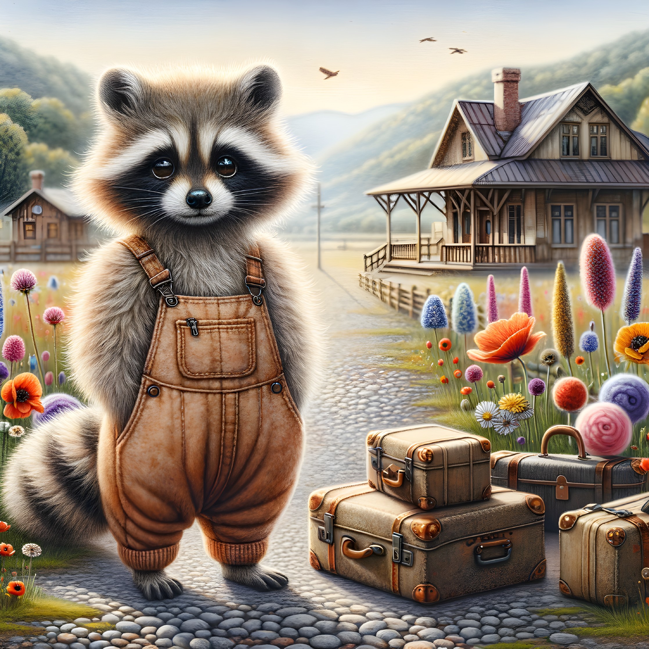 Raccoon in Overalls Amidst Flowers and Scenic Landscape