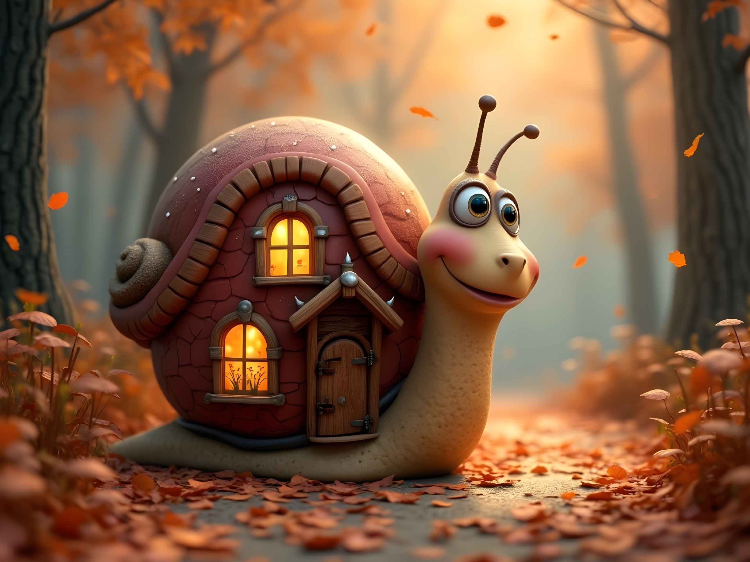 Charming Snail in Cozy Brick House in Autumn Forest