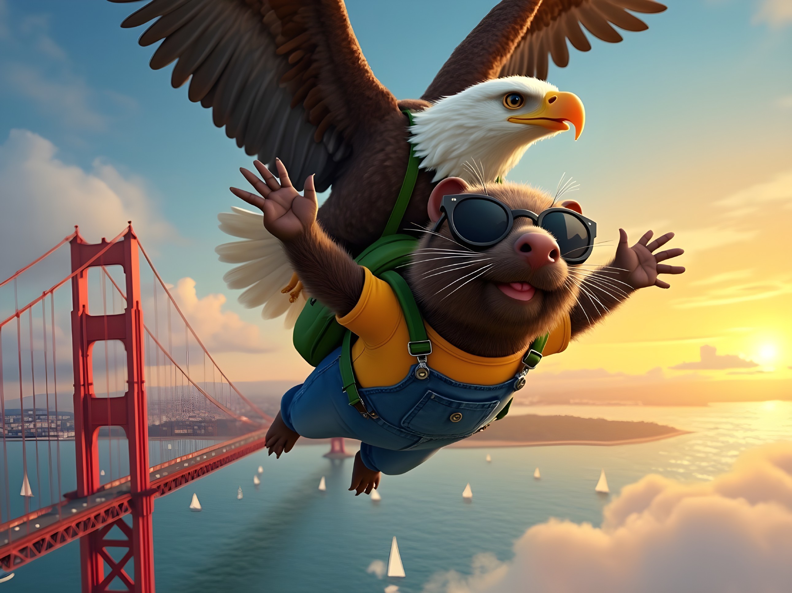 Cartoon Scene of Animal Skydiving with Golden Gate Bridge