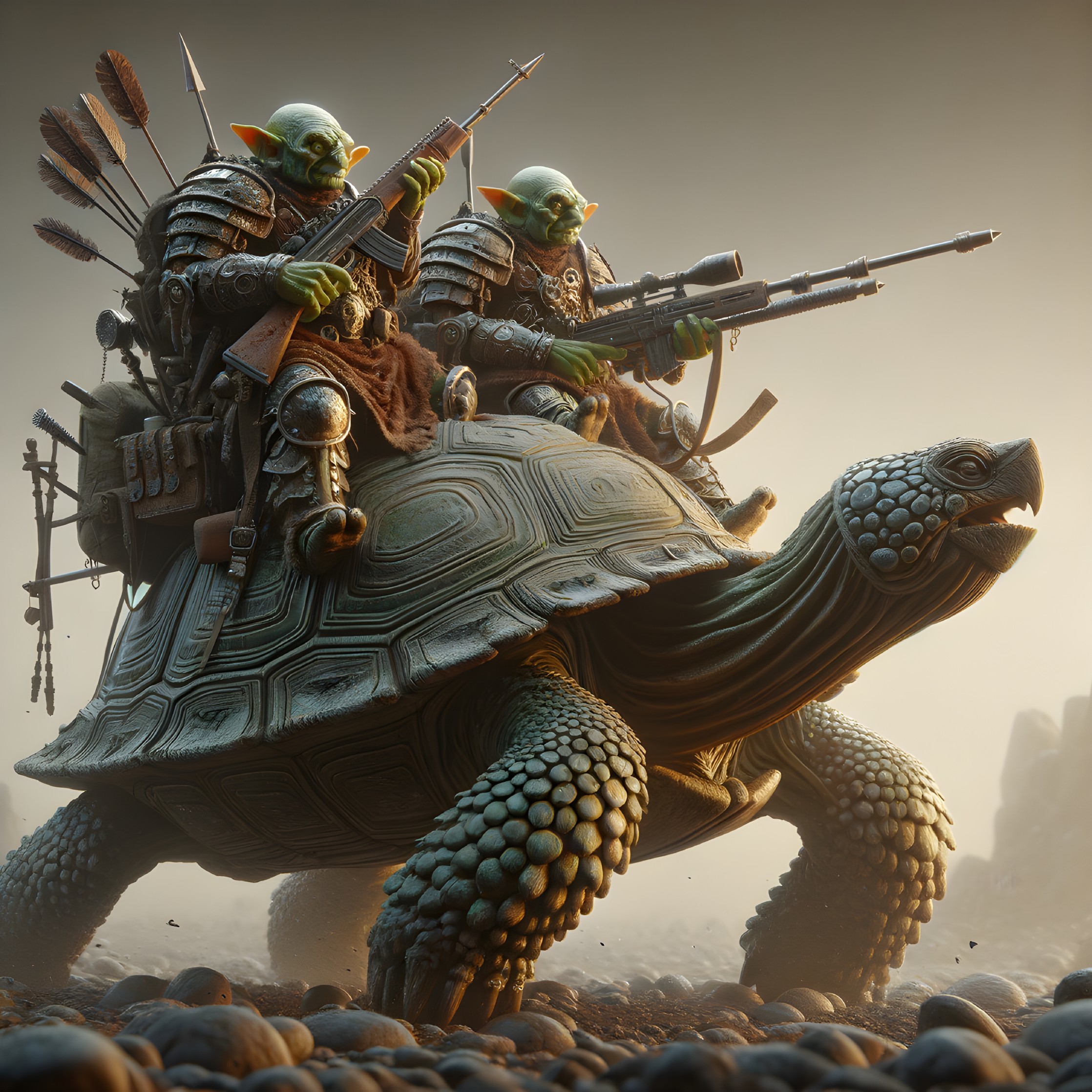Armored Goblins on a Giant Tortoise in Fantasy Scene