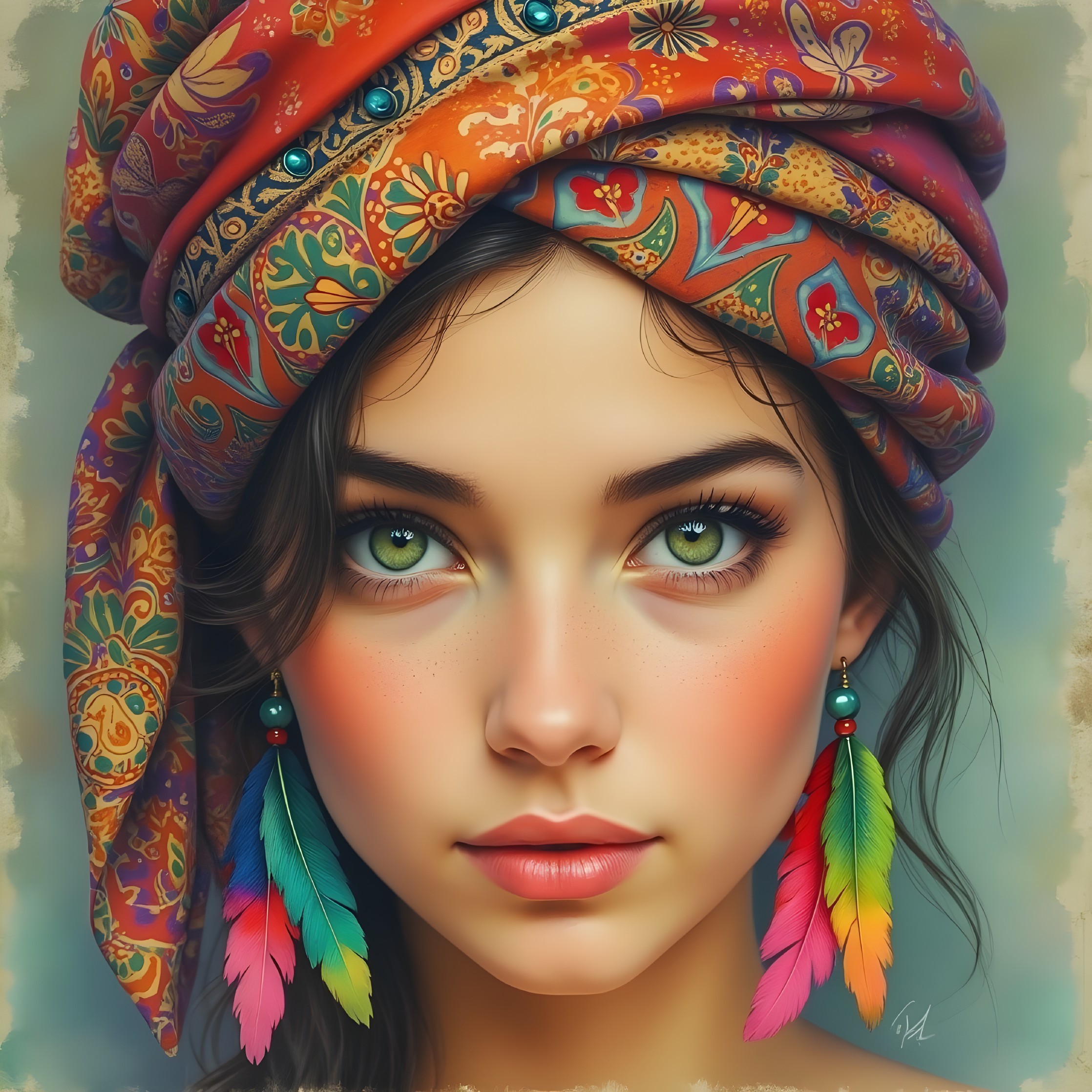 Young Woman with Green Eyes and Colorful Headscarf
