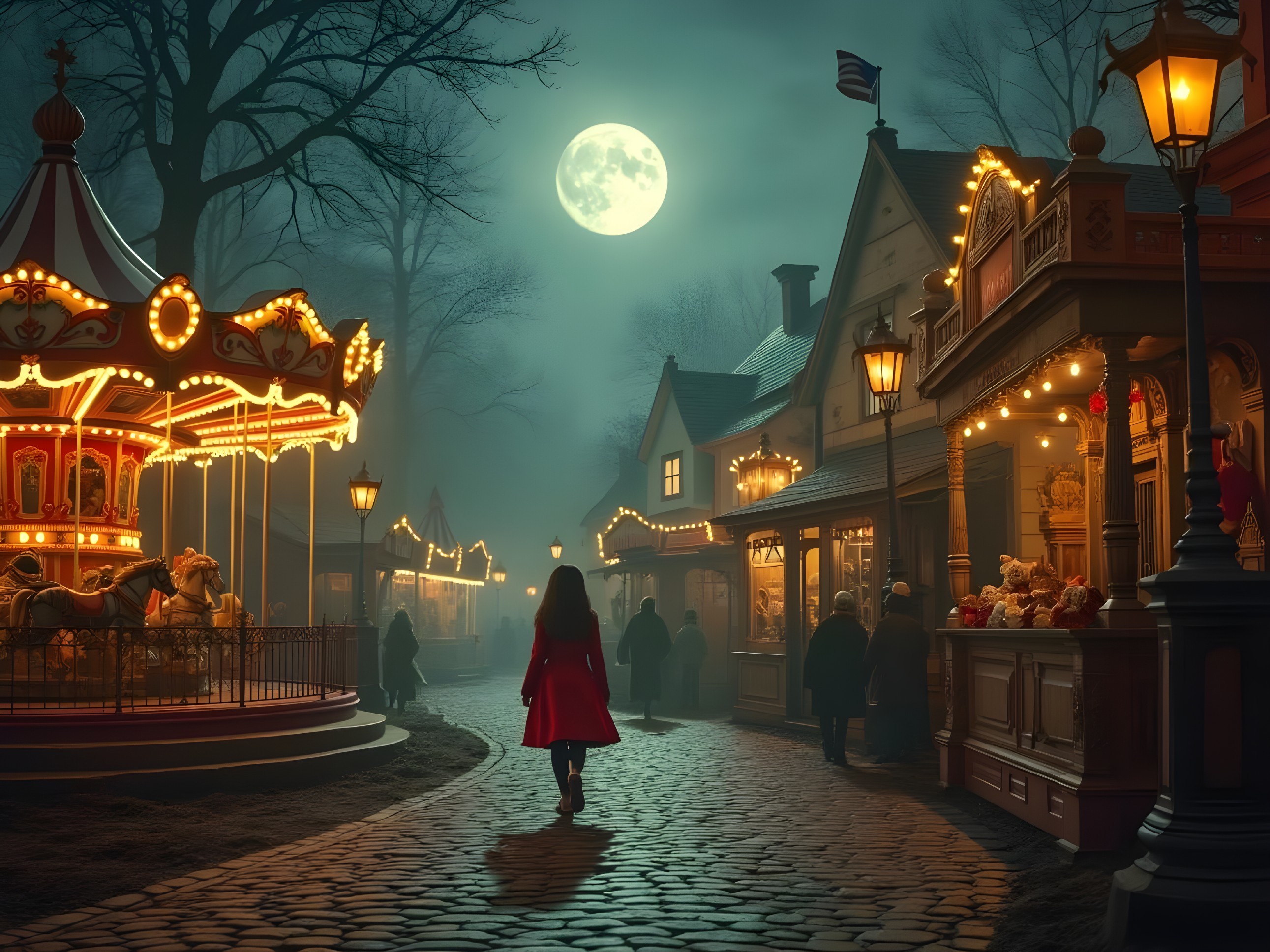 Serene Night Scene of a Quaint Fairground with Carousel