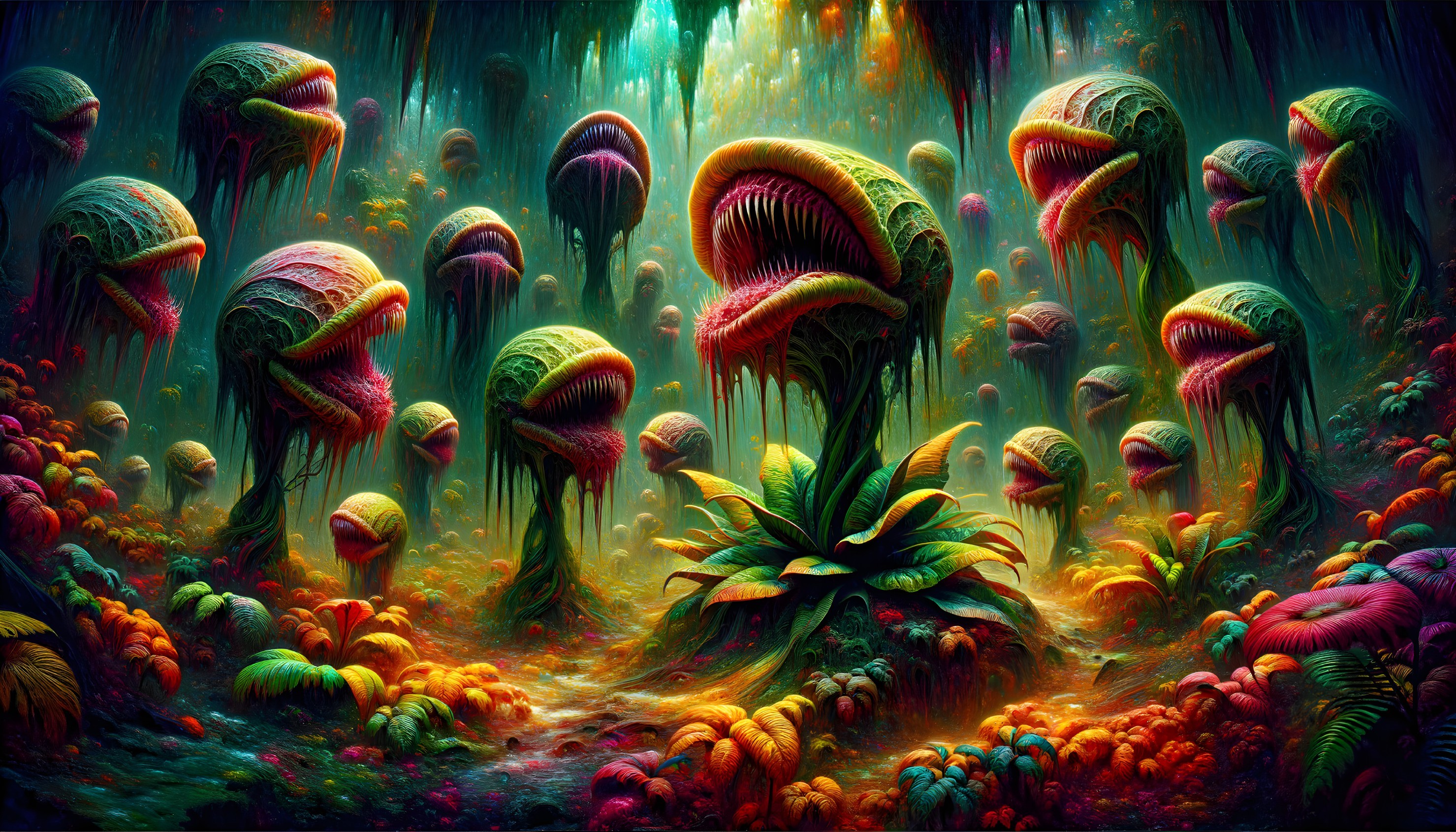 Colorful surreal landscape with mushroom structures and bioluminescent plants