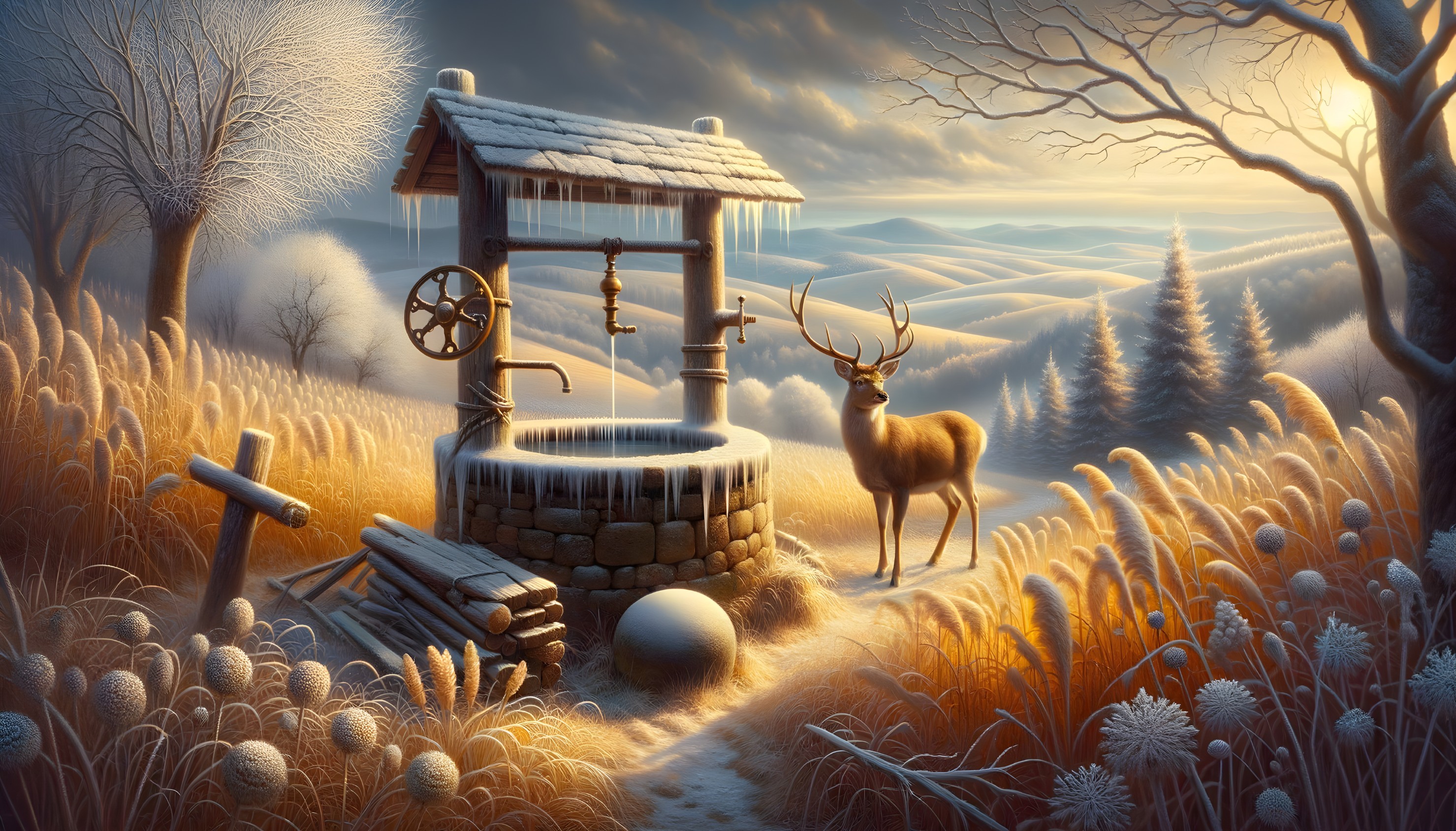 Winter Scene with Frosty Well and Graceful Deer