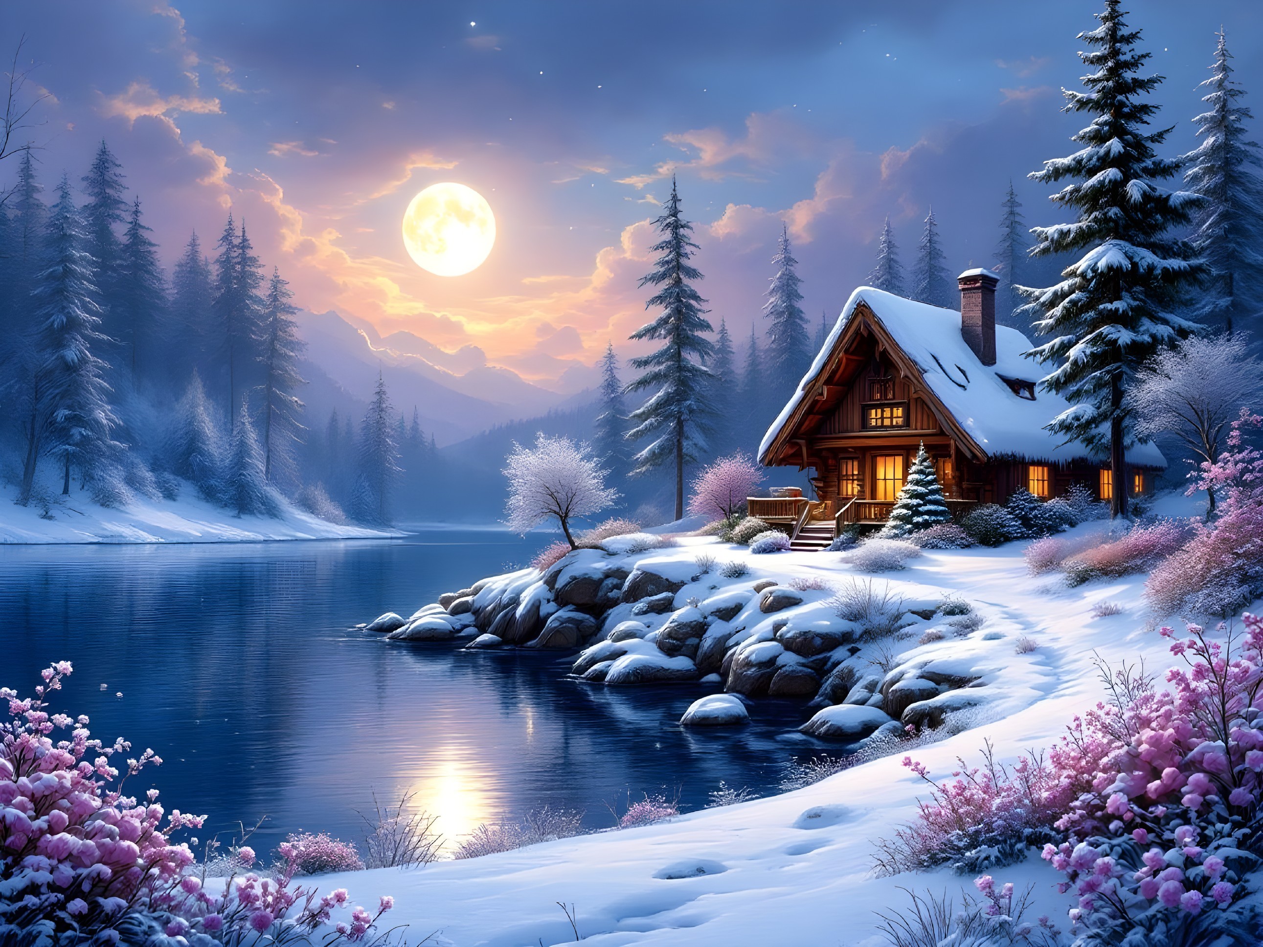 Winter Landscape with Cabin and Cherry Blossoms