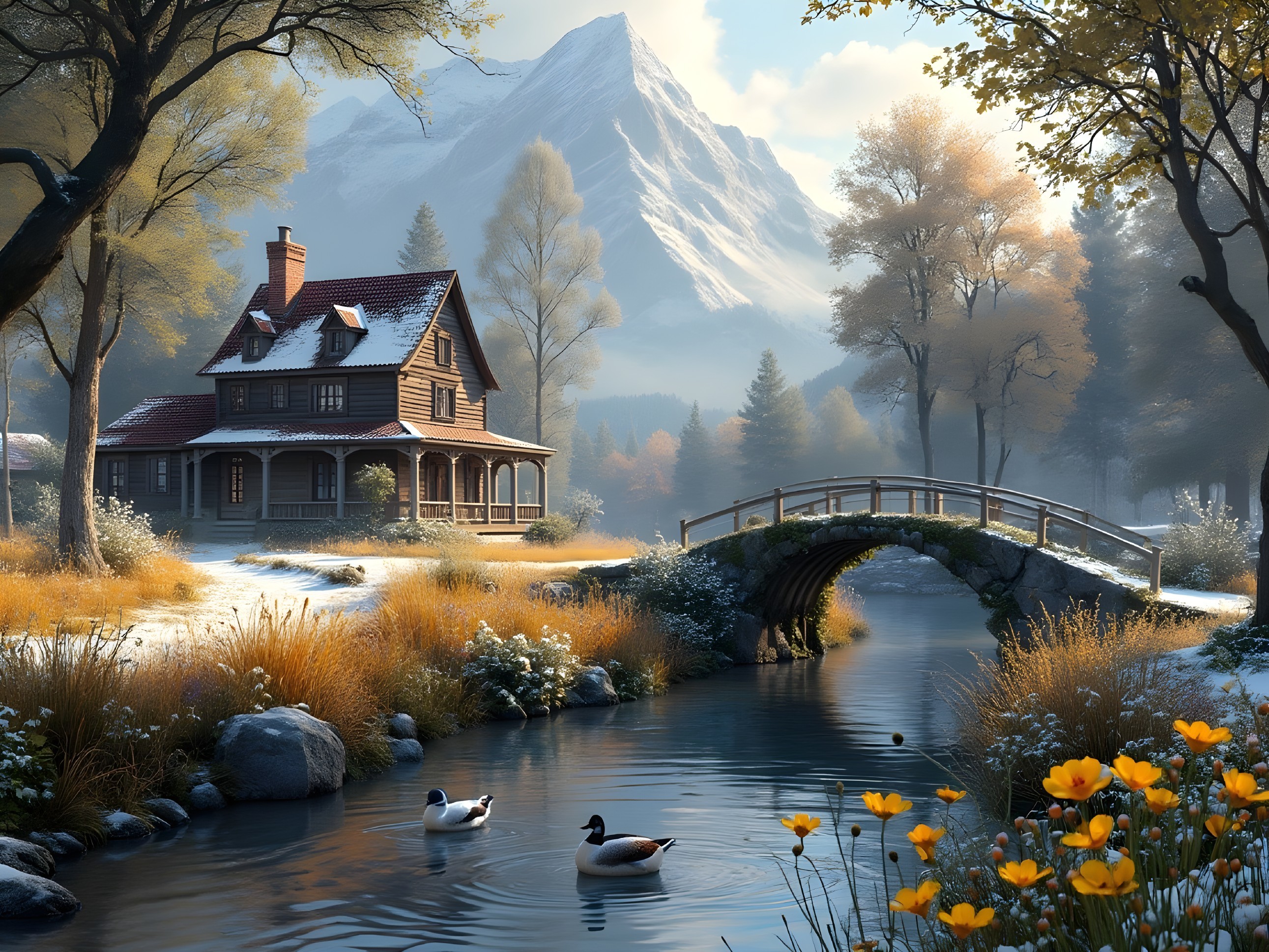 Charming House by Serene River with Autumn Foliage