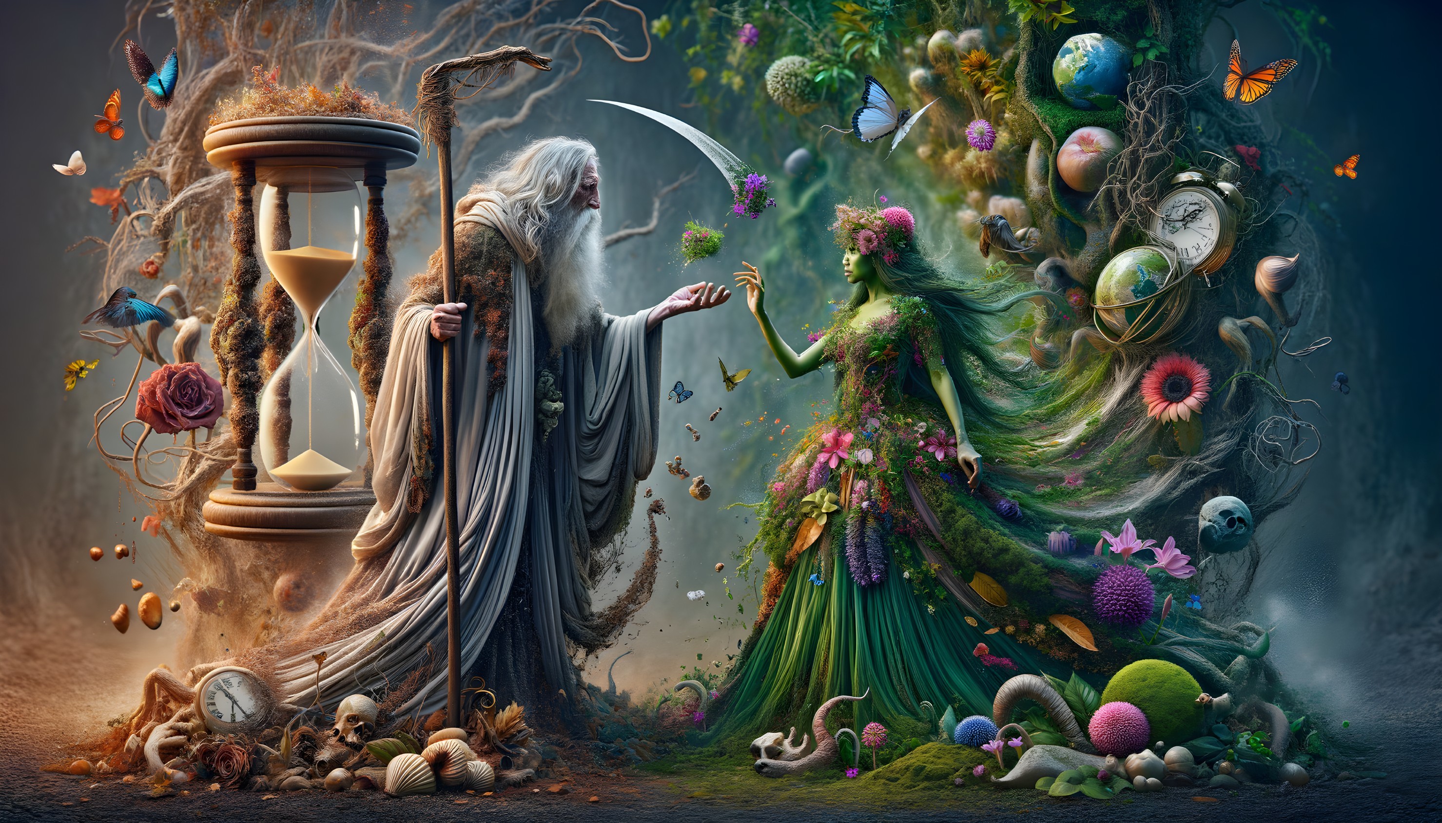 Wizard and nature spirit with hourglass in magical nature setting