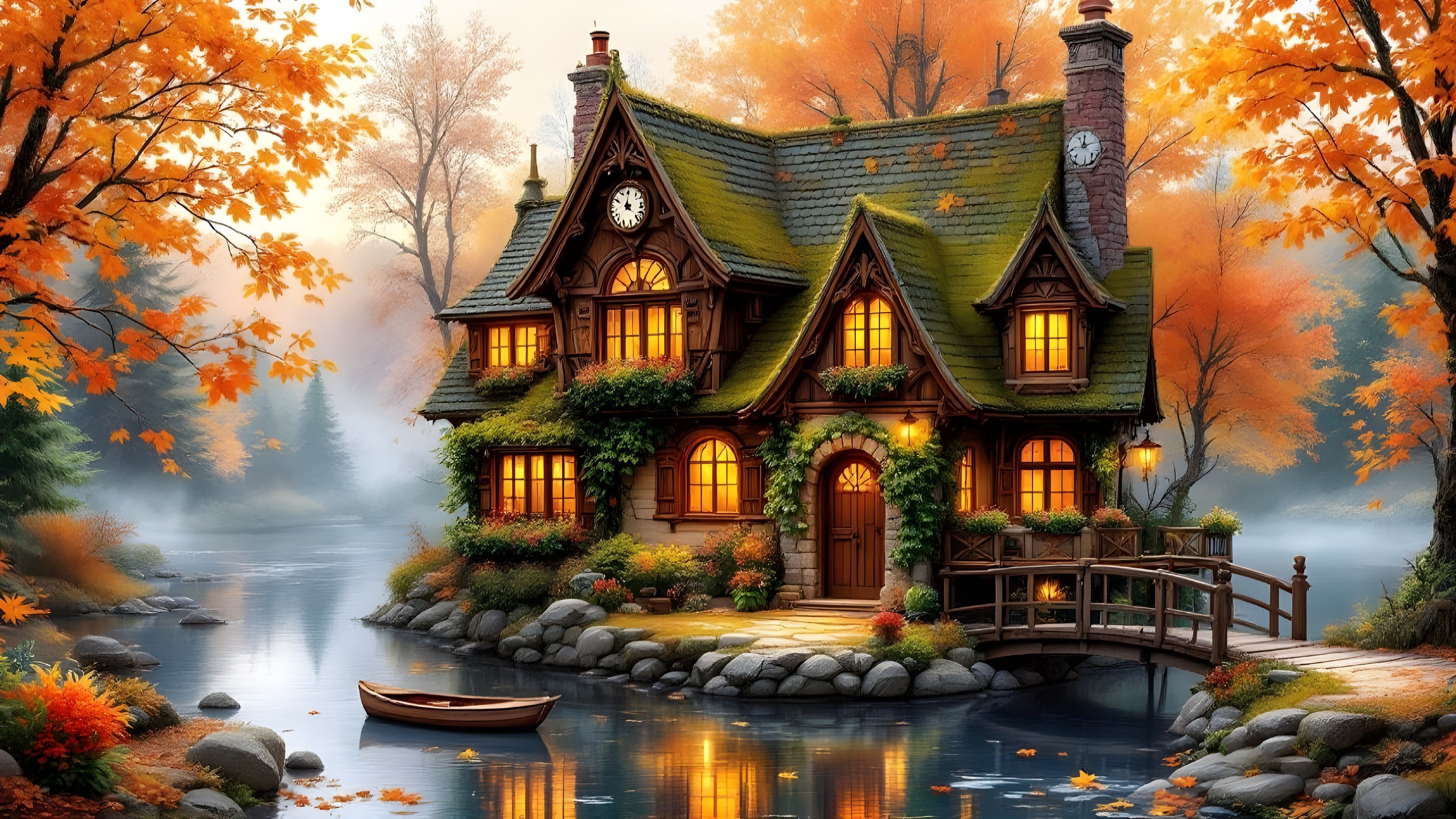 Cottage by River Amidst Vibrant Autumn Foliage