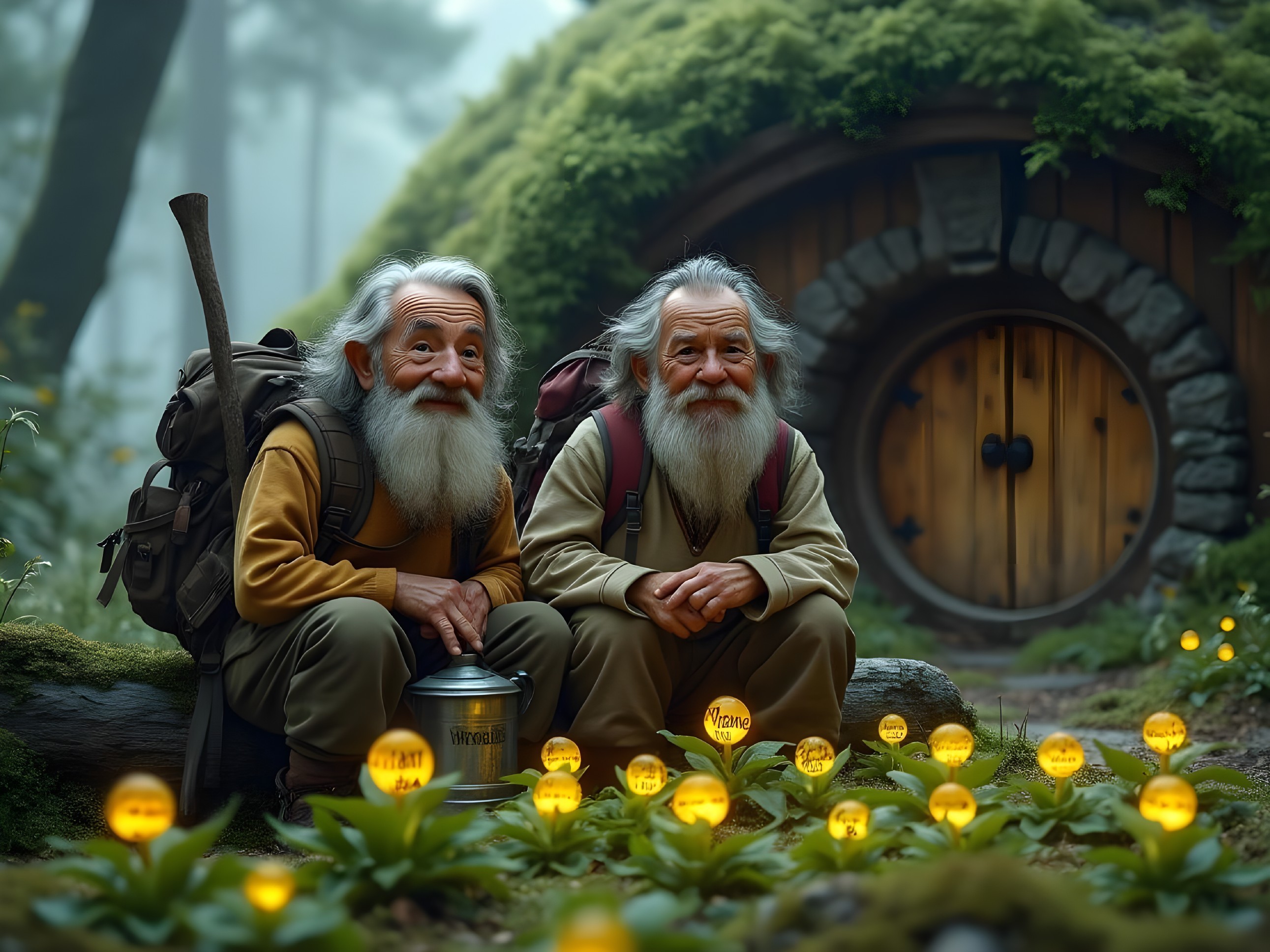 Elderly Wanderers in a Misty Forest Setting