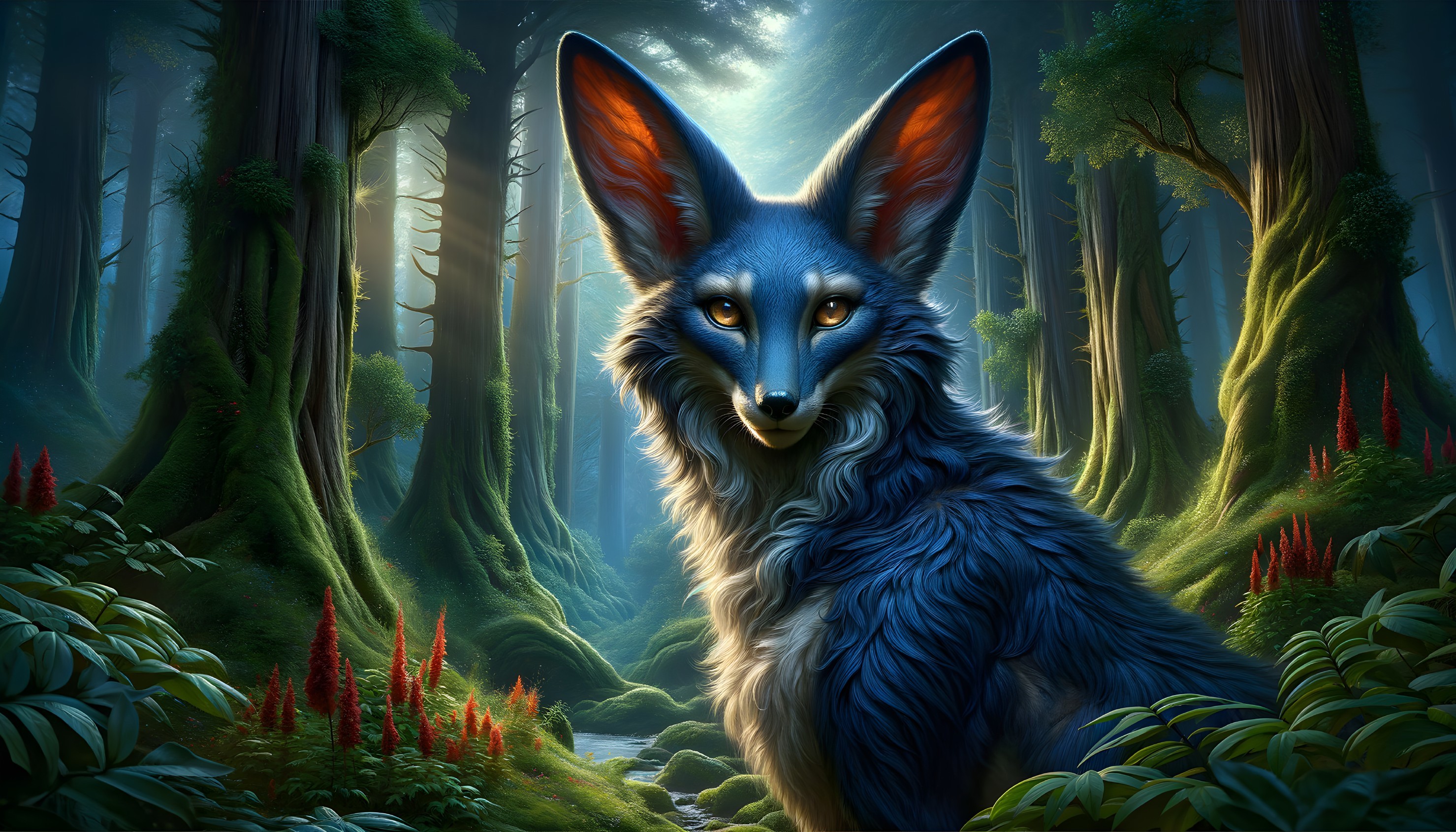 Blue Fox in Mystical Forest with Ethereal Light