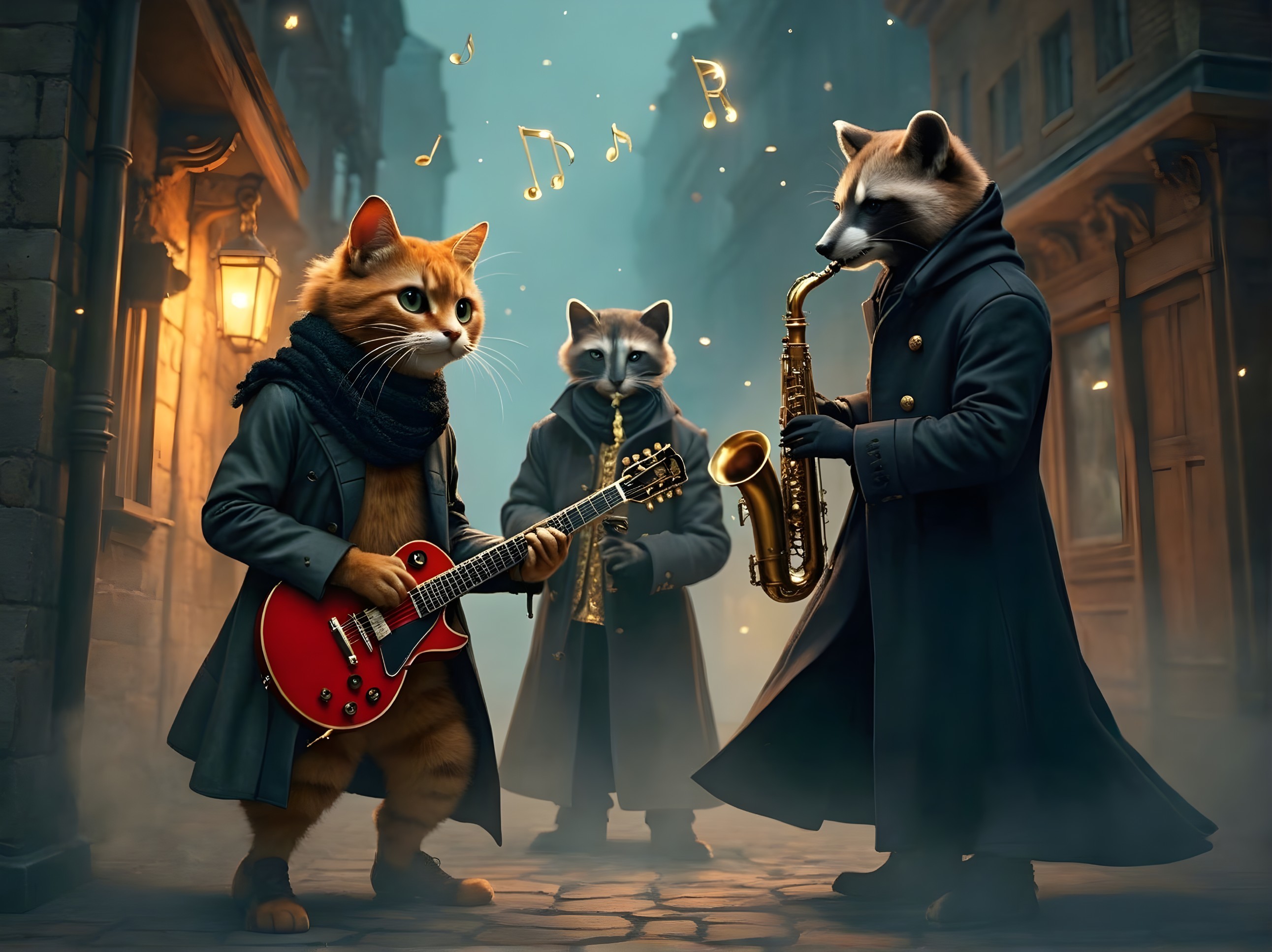 Jazz Band of Animals Perform on Foggy Street