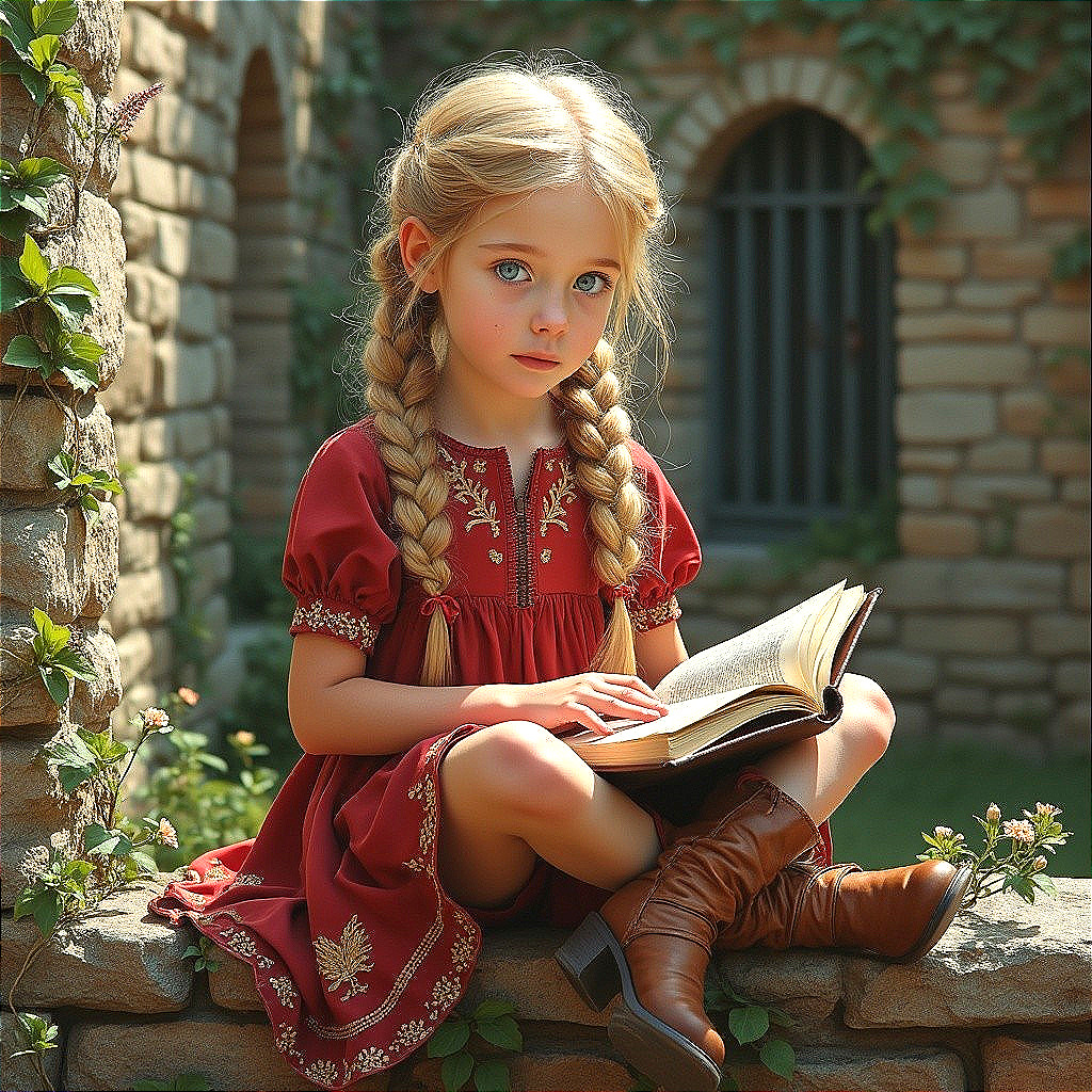 Young Girl Reading on Stone Ledge with Vines