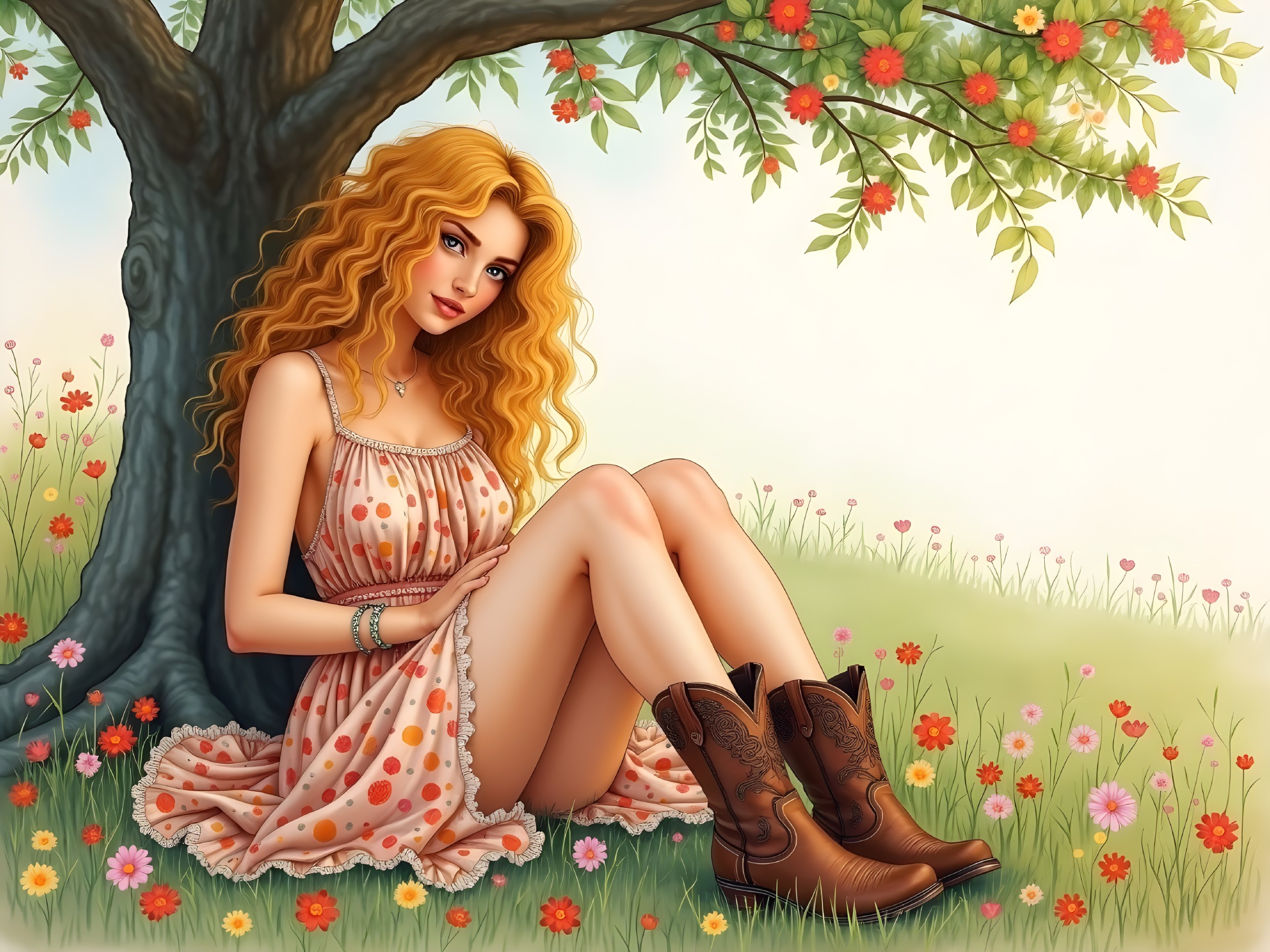 Young woman in polka-dotted dress under a tree