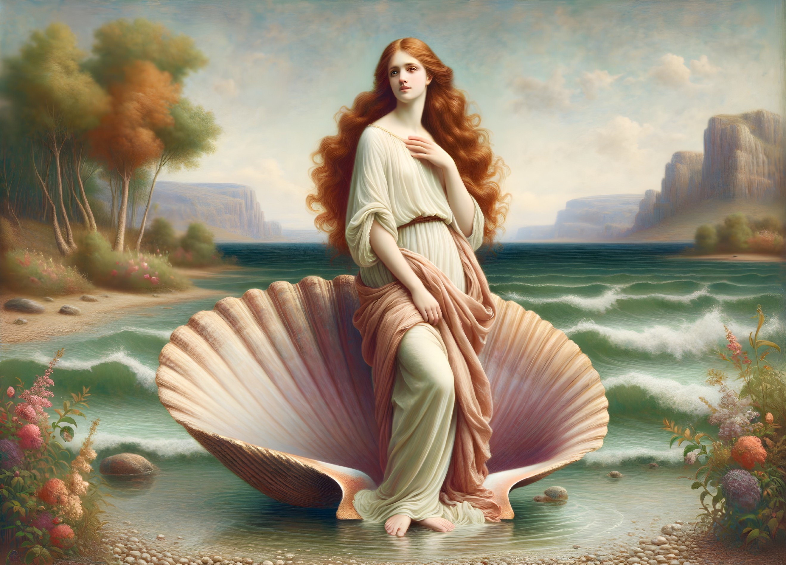 Elegant Woman in Shell Surrounded by Nature's Beauty
