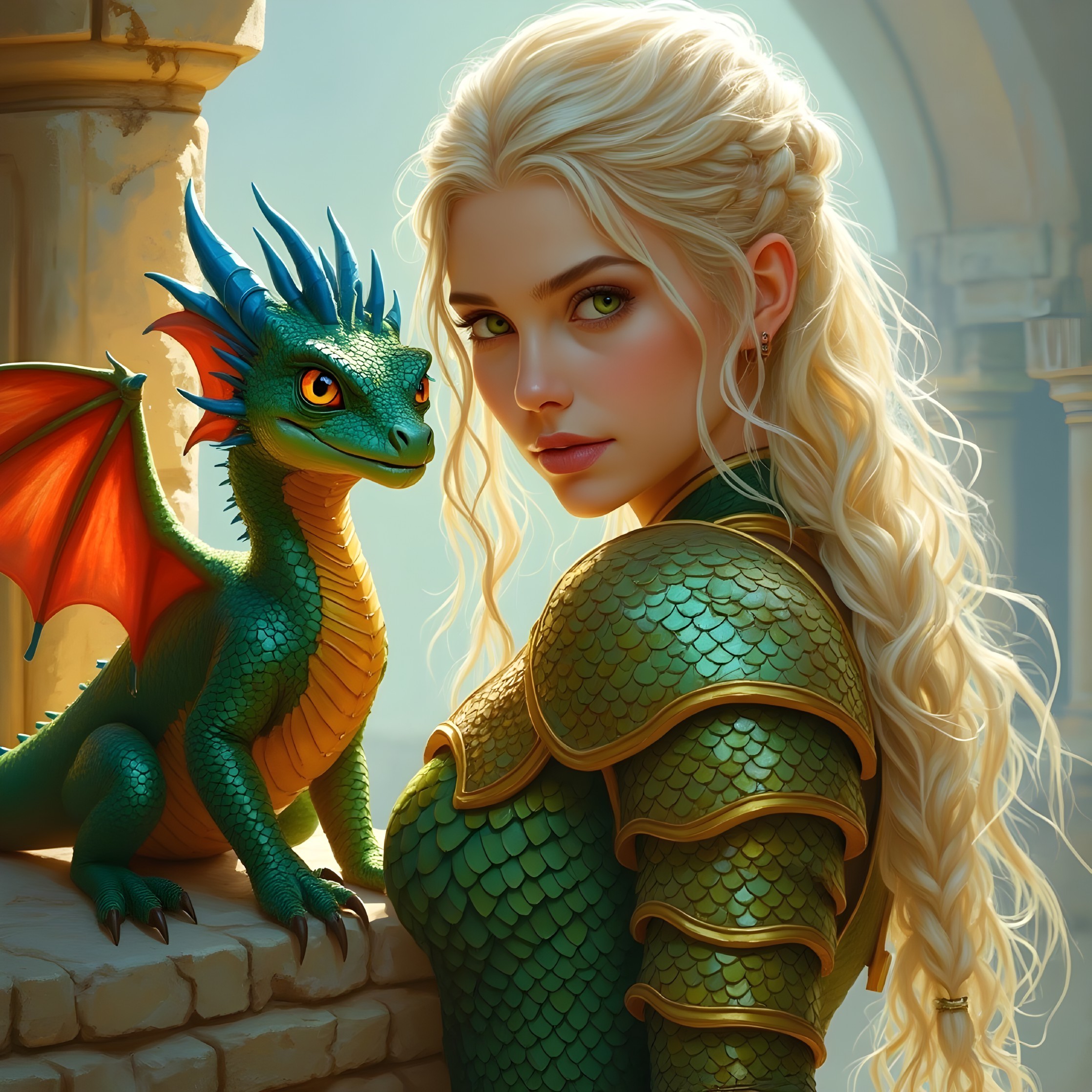 Young Woman in Green Armor with Colorful Dragon