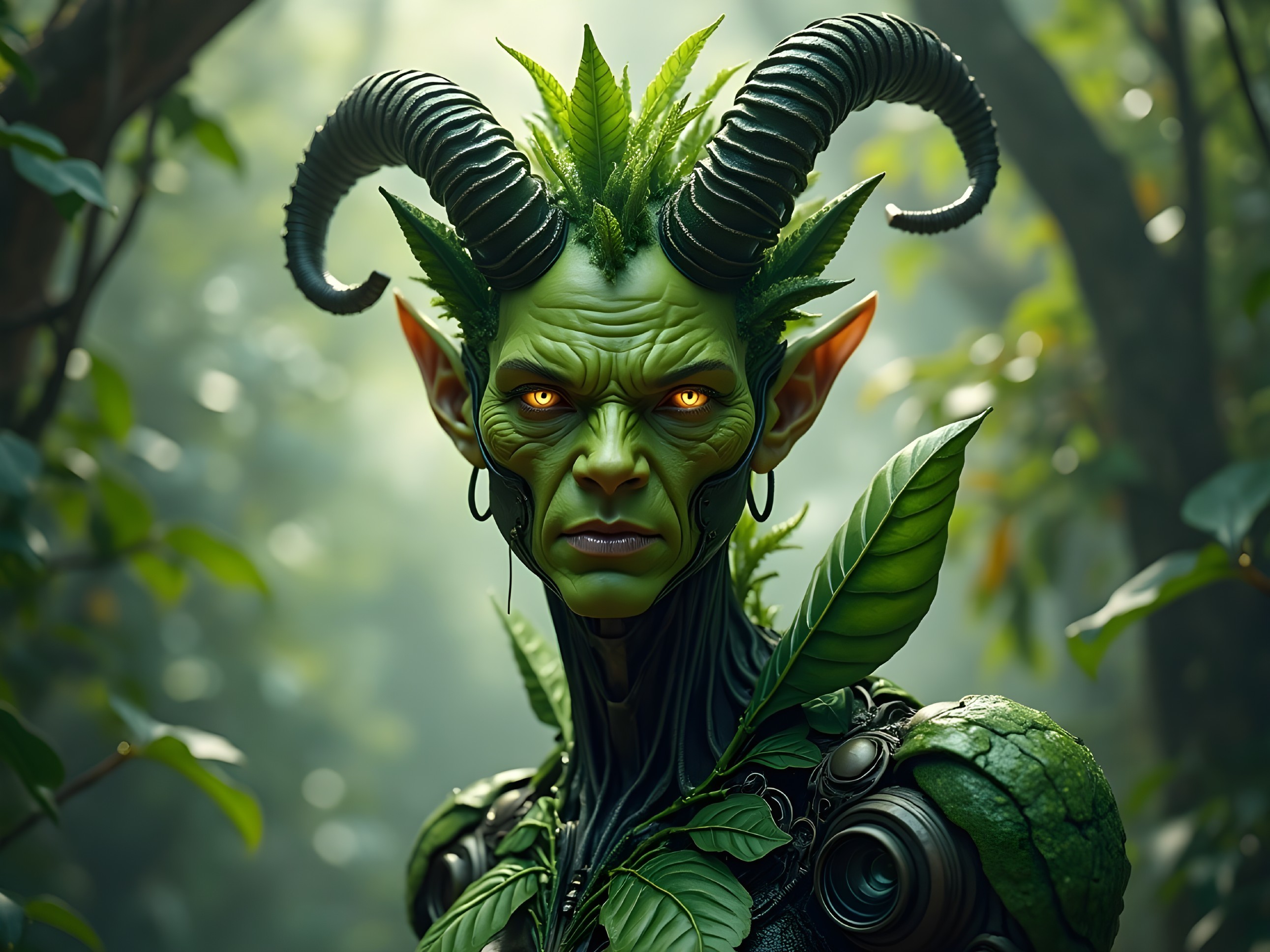 Mythical Figure with Green Skin and Leaf Motifs