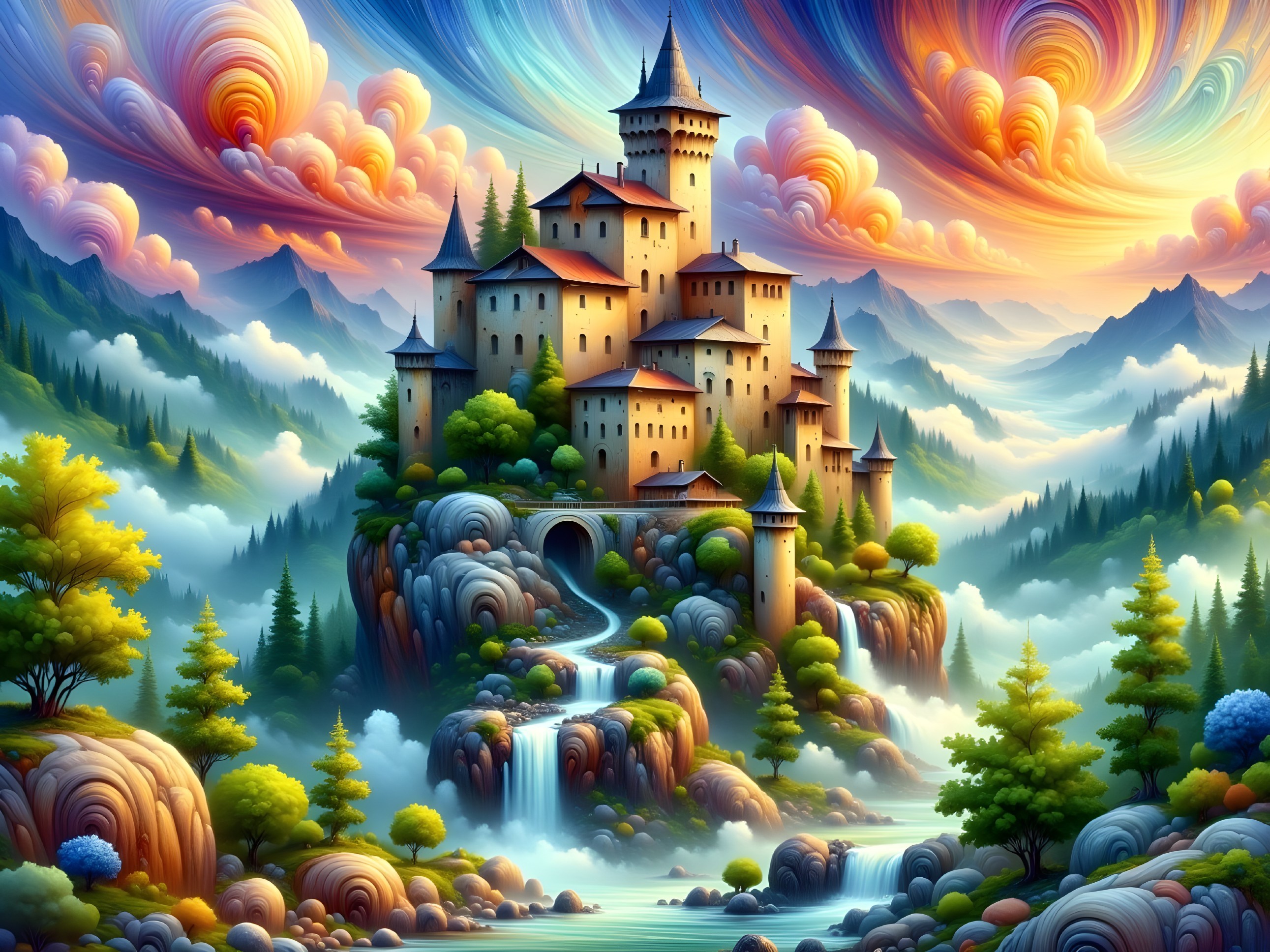 Whimsical Castle Surrounded by Lush Greenery and Waterfall