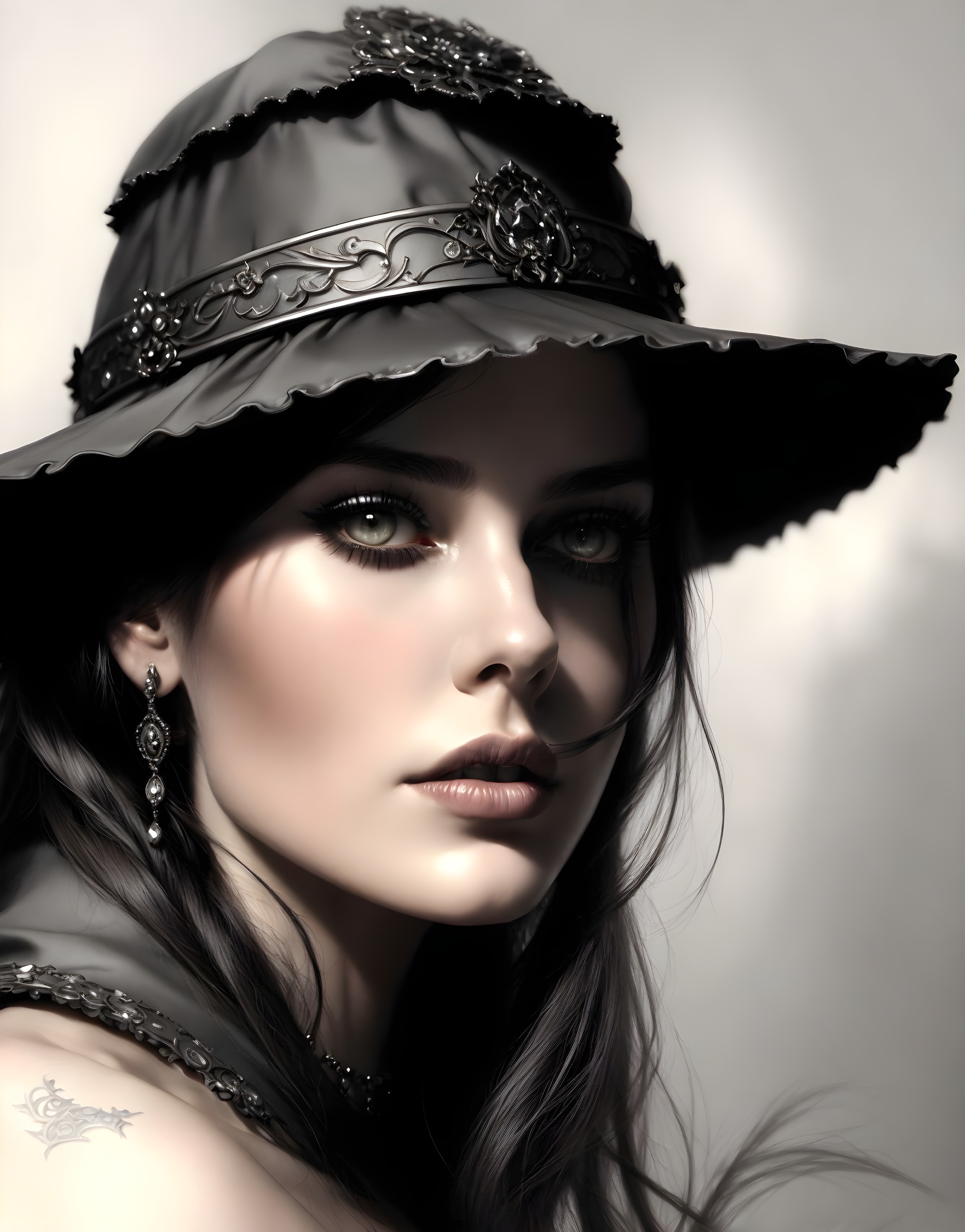 Detailed digital portrait: Woman with ornate hat, green eyes, dark hair, rose tattoo.