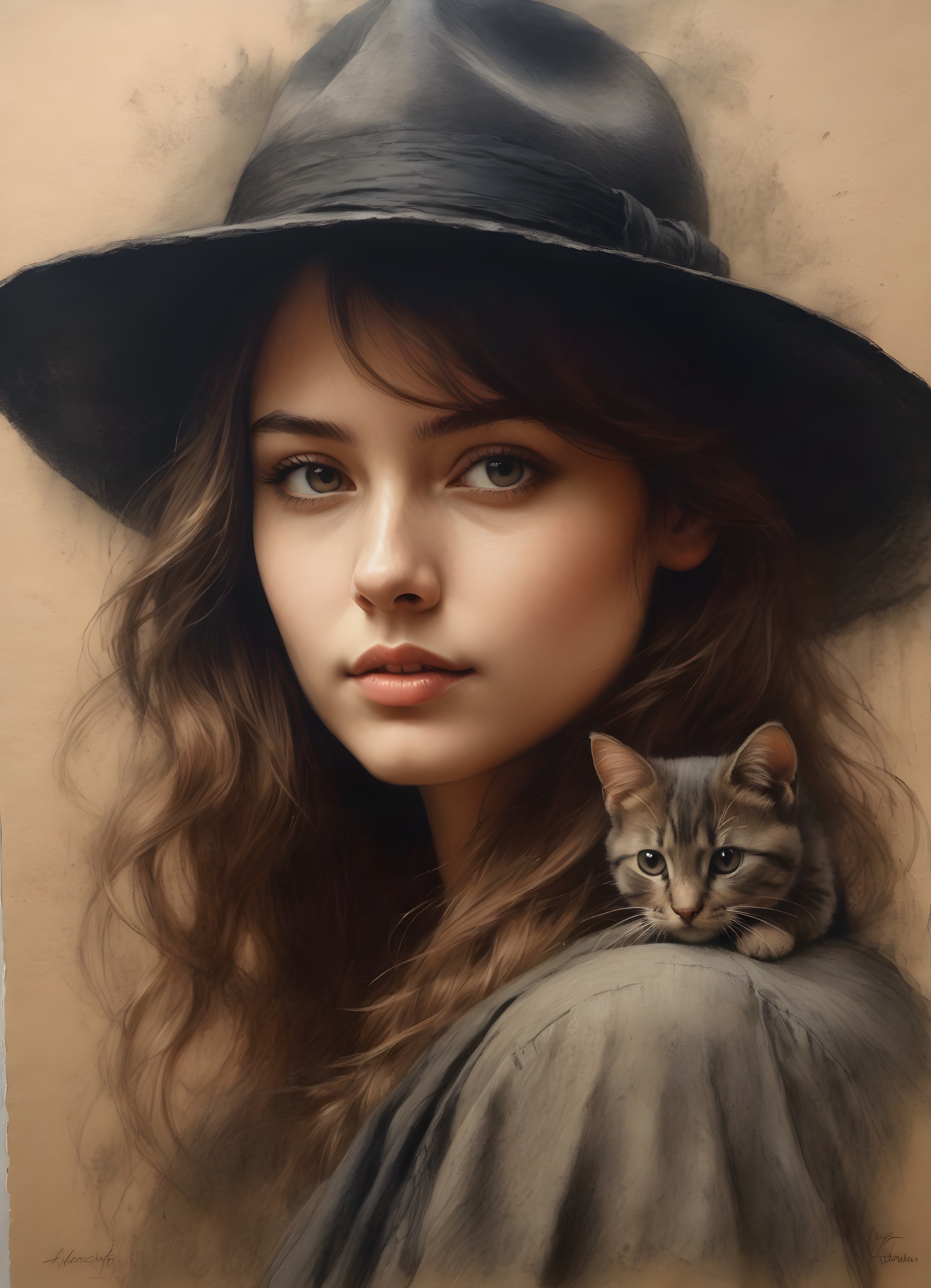 Woman with wavy hair in wide-brimmed hat with grey kitten on shoulder