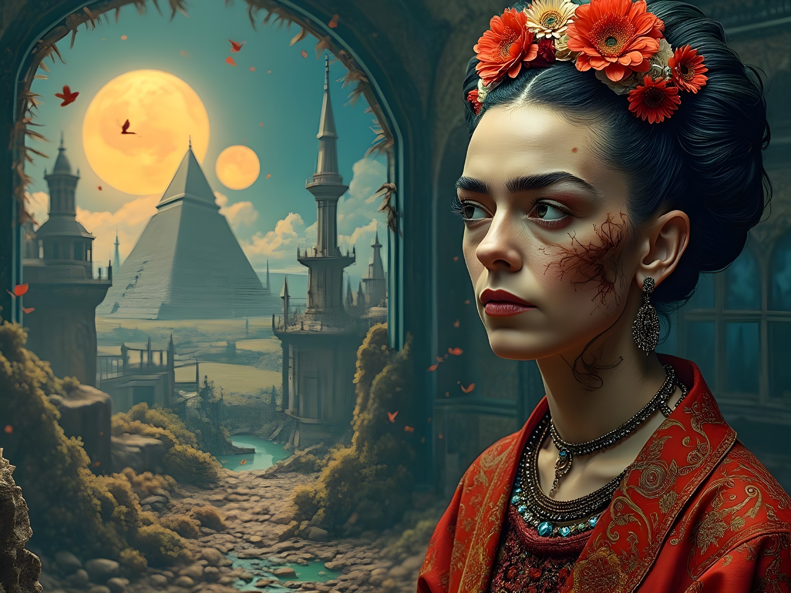 Surreal Landscape with Woman in Traditional Attire