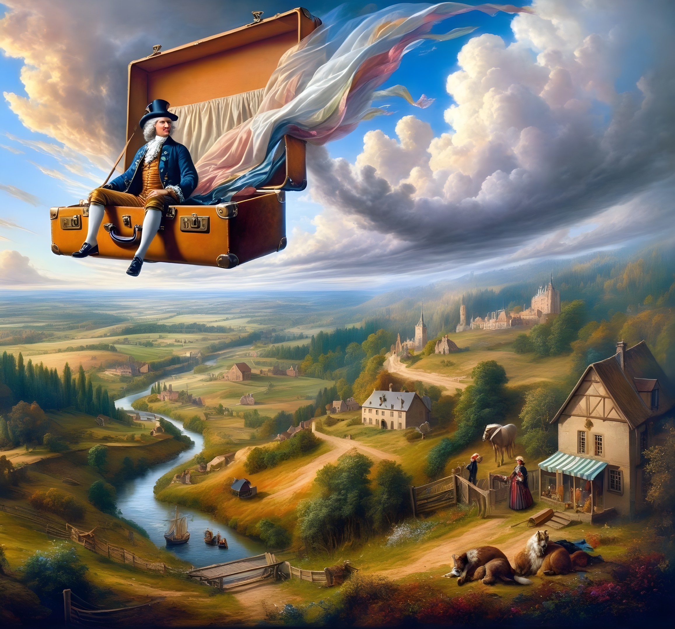 Historical figure on winged suitcase over scenic landscape.